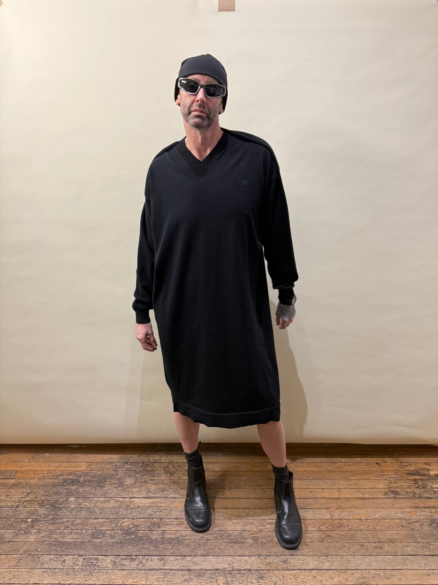 Balenciaga Black Wool Knit V-Neck LS Sweater Dress Extra Large - XL