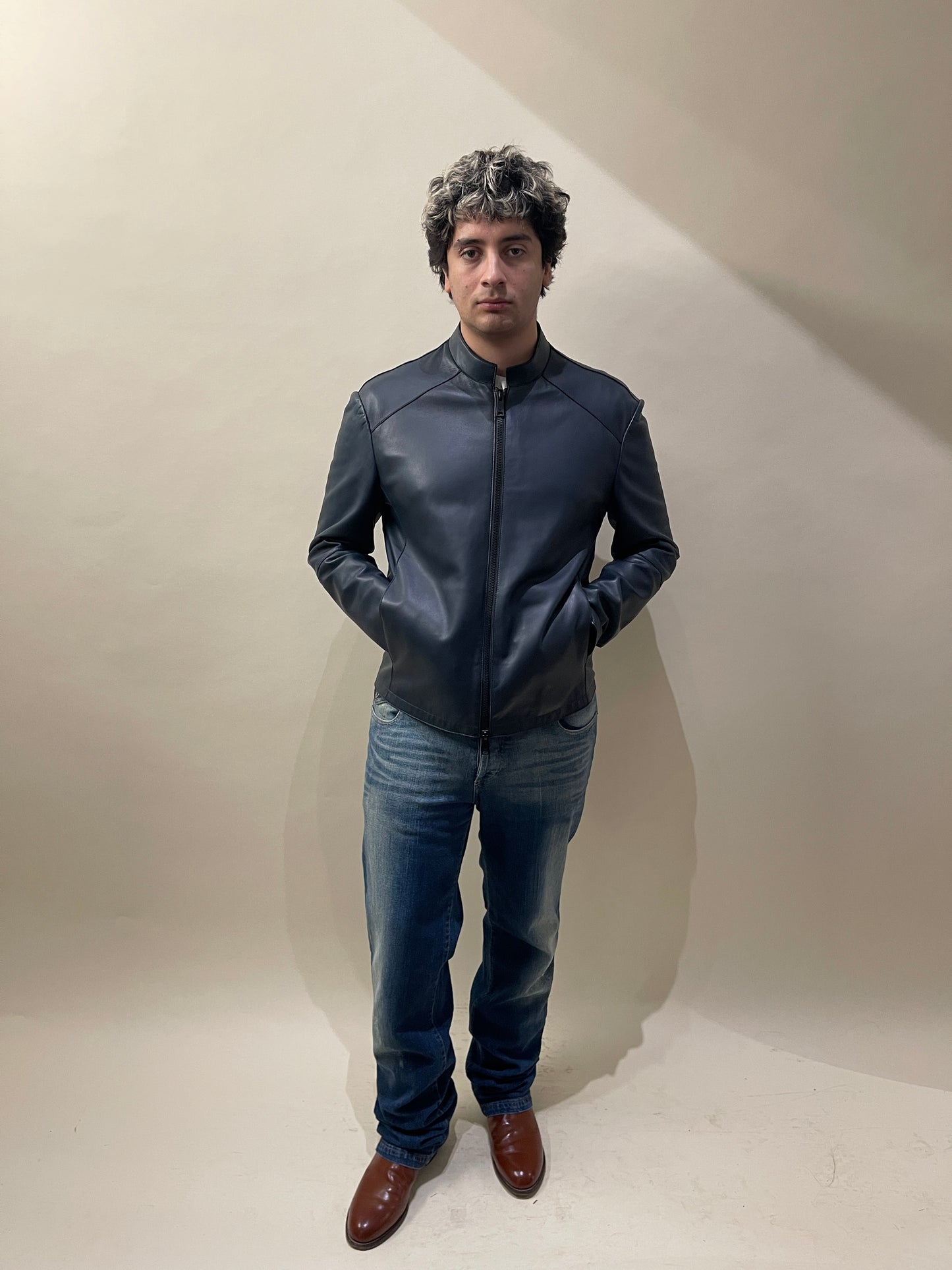 Emporio Armani Slate Blue Lamb Leather Cafe Racer Style Jacket 44