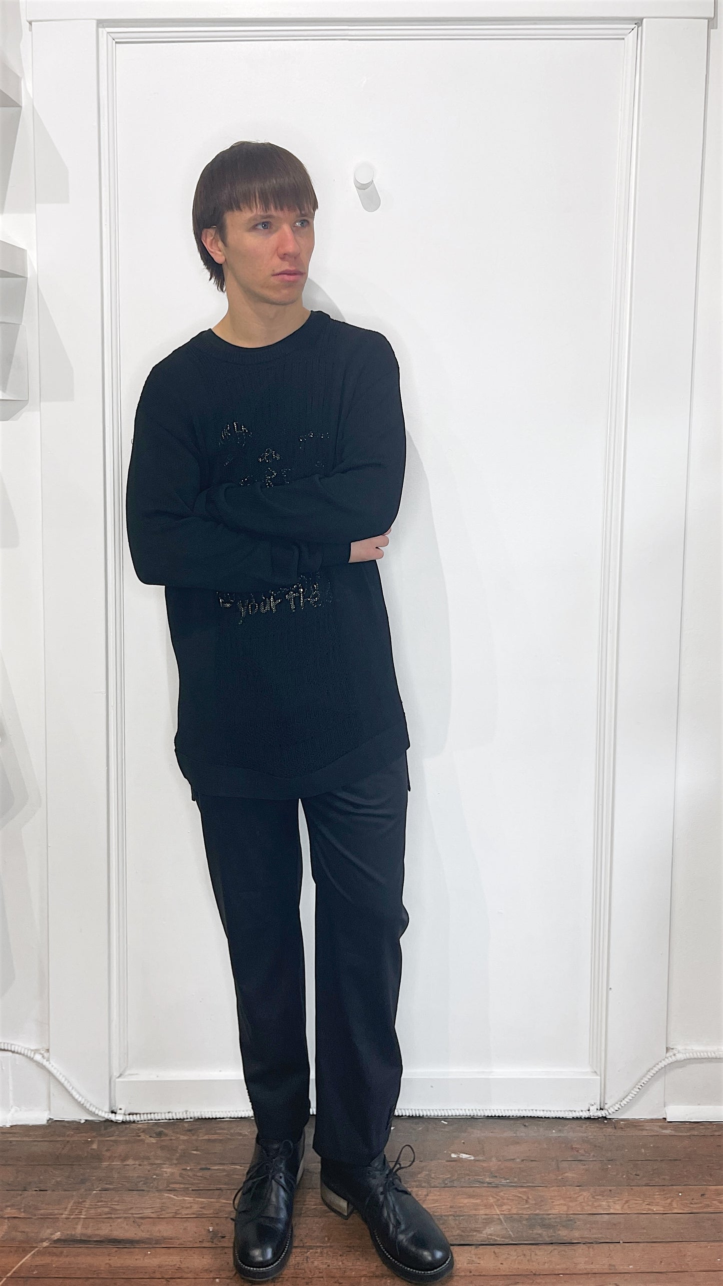 Yohji Yamamoto Black Rayon Blend Mesh Crewneck Sweater Medium