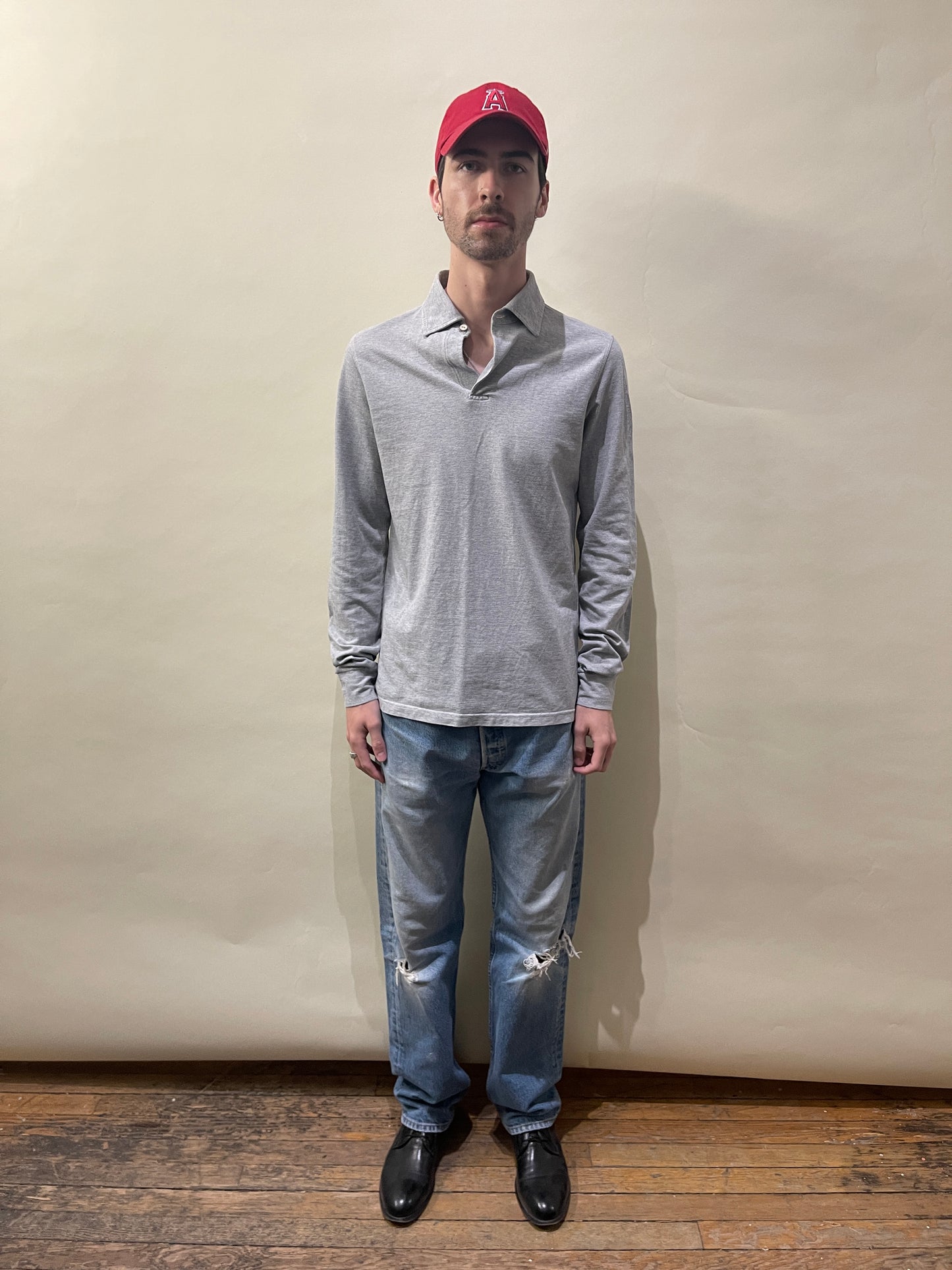 Loro Piana Light Grey Cotton Pique LS Polo Shirt Small - S