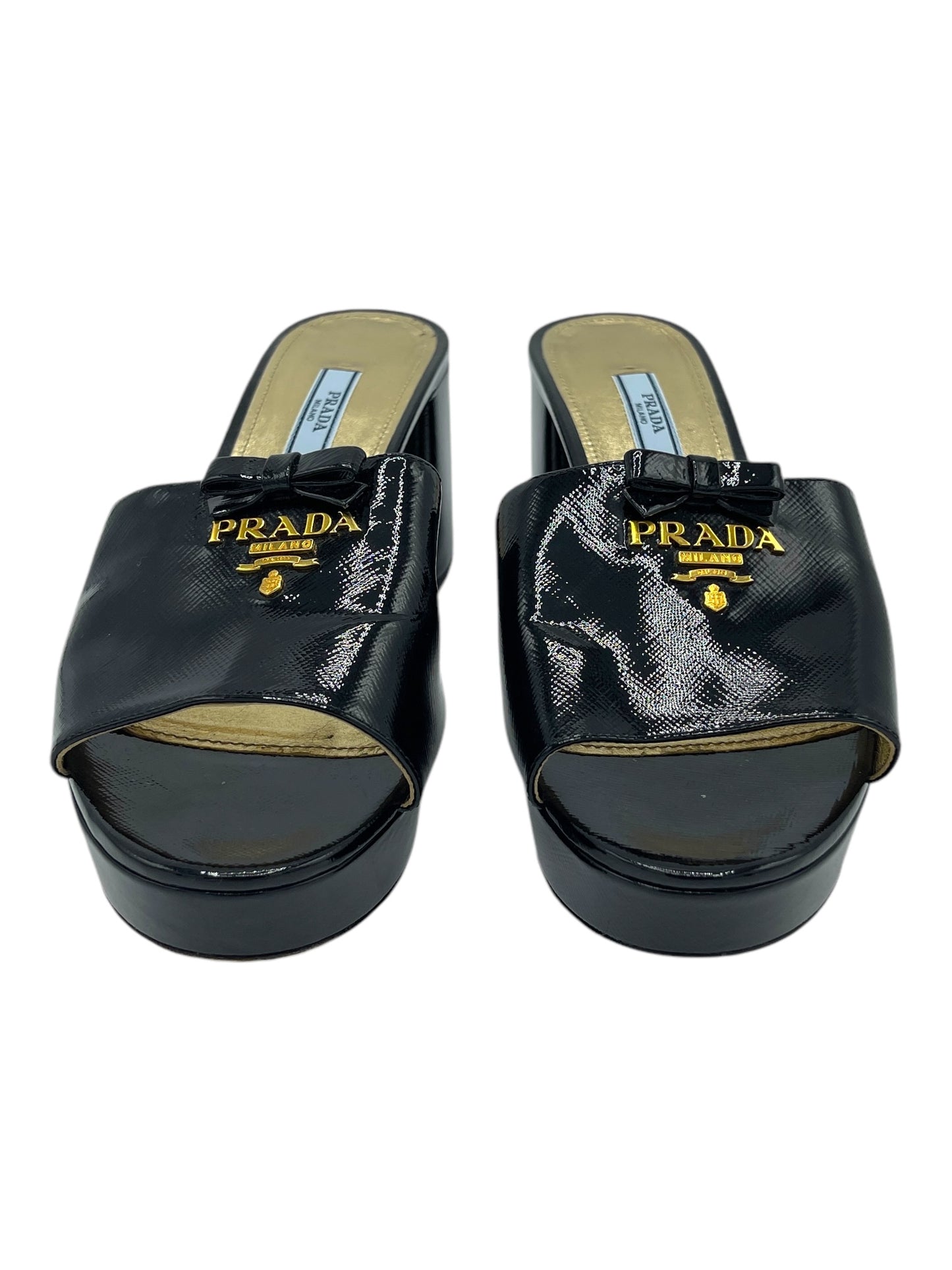 Prada Black Patent Saffiano Platform Logo Heels 7.5 M / 9 W