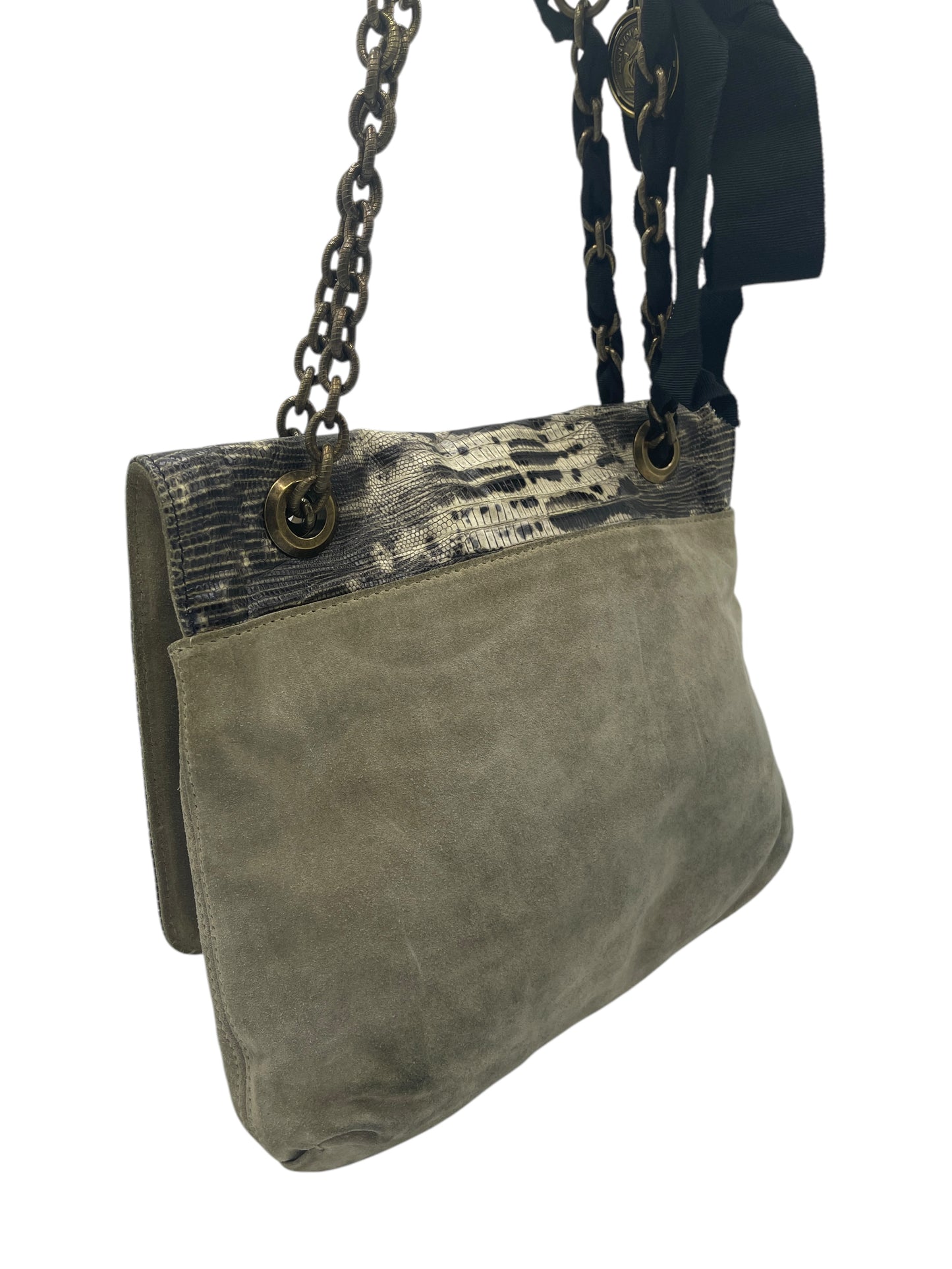 Lanvin Beige & Black Lizard Embossed Suede & Leather Happy Shoulder Bag