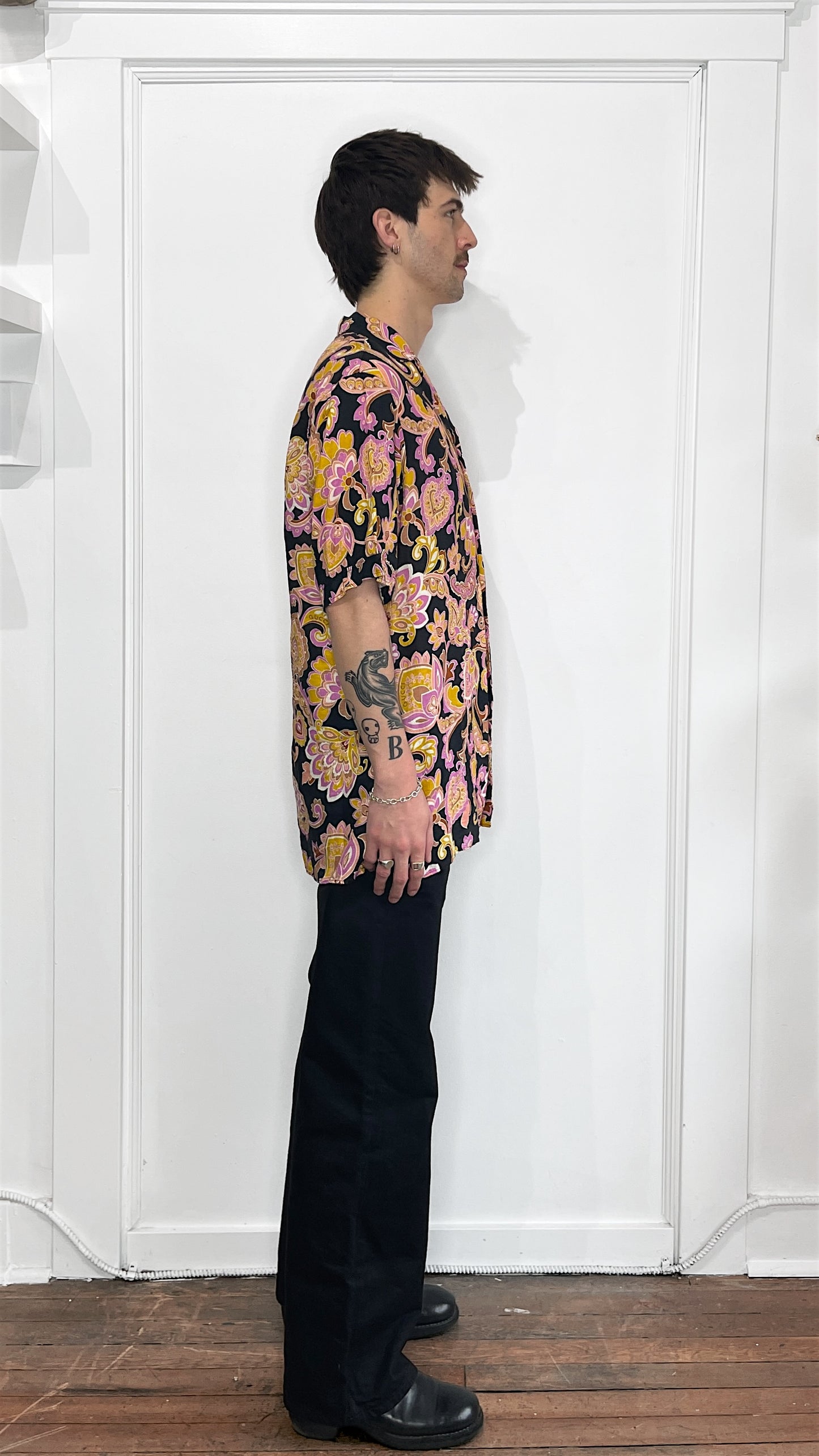 Gucci Black, Pink, & Yellow Floral Linen SS Button Up 44