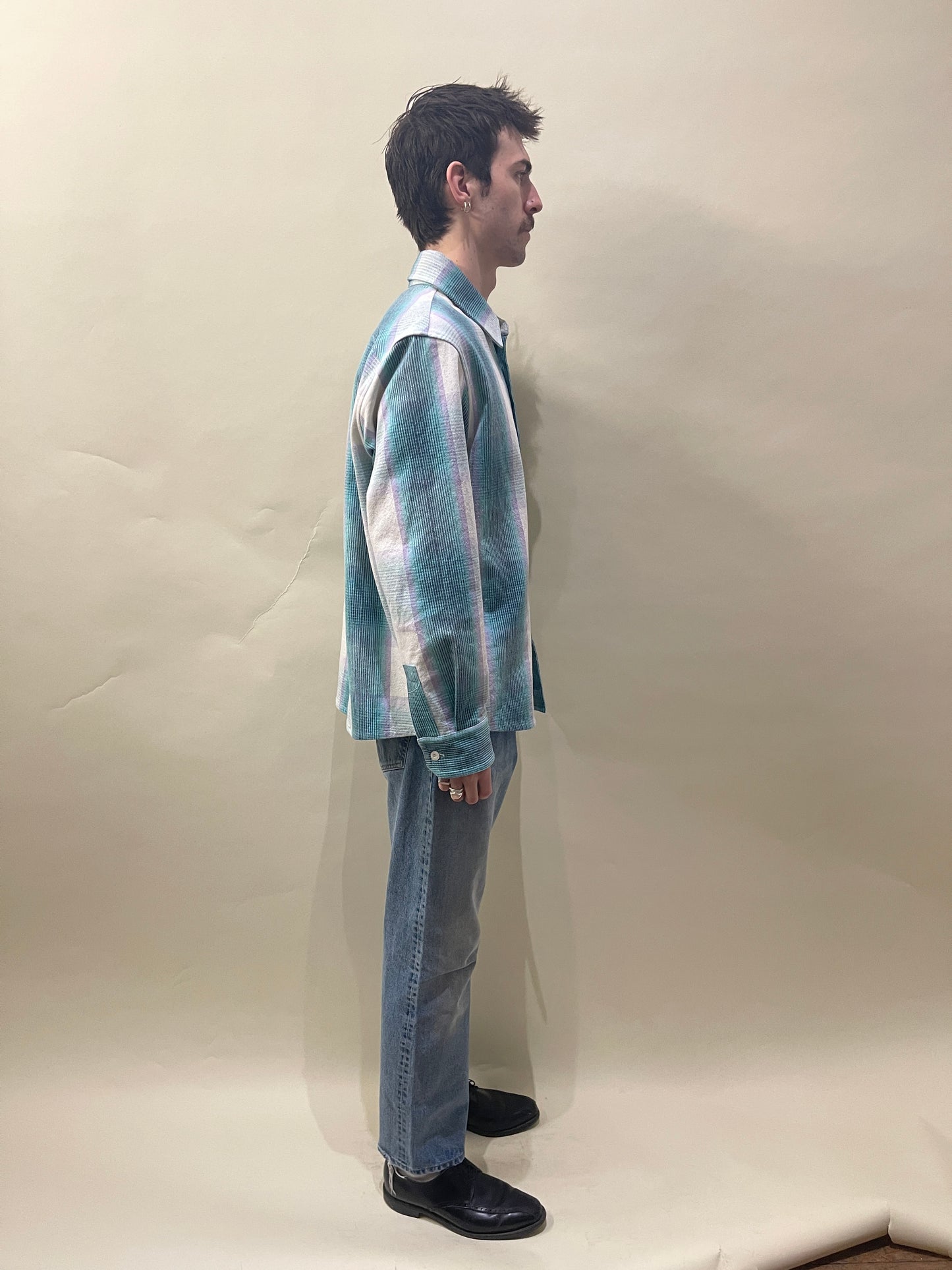 A.P.C. White, Lilac, Teal Plaid Cotton Blend Basile Overshirt Medium - M