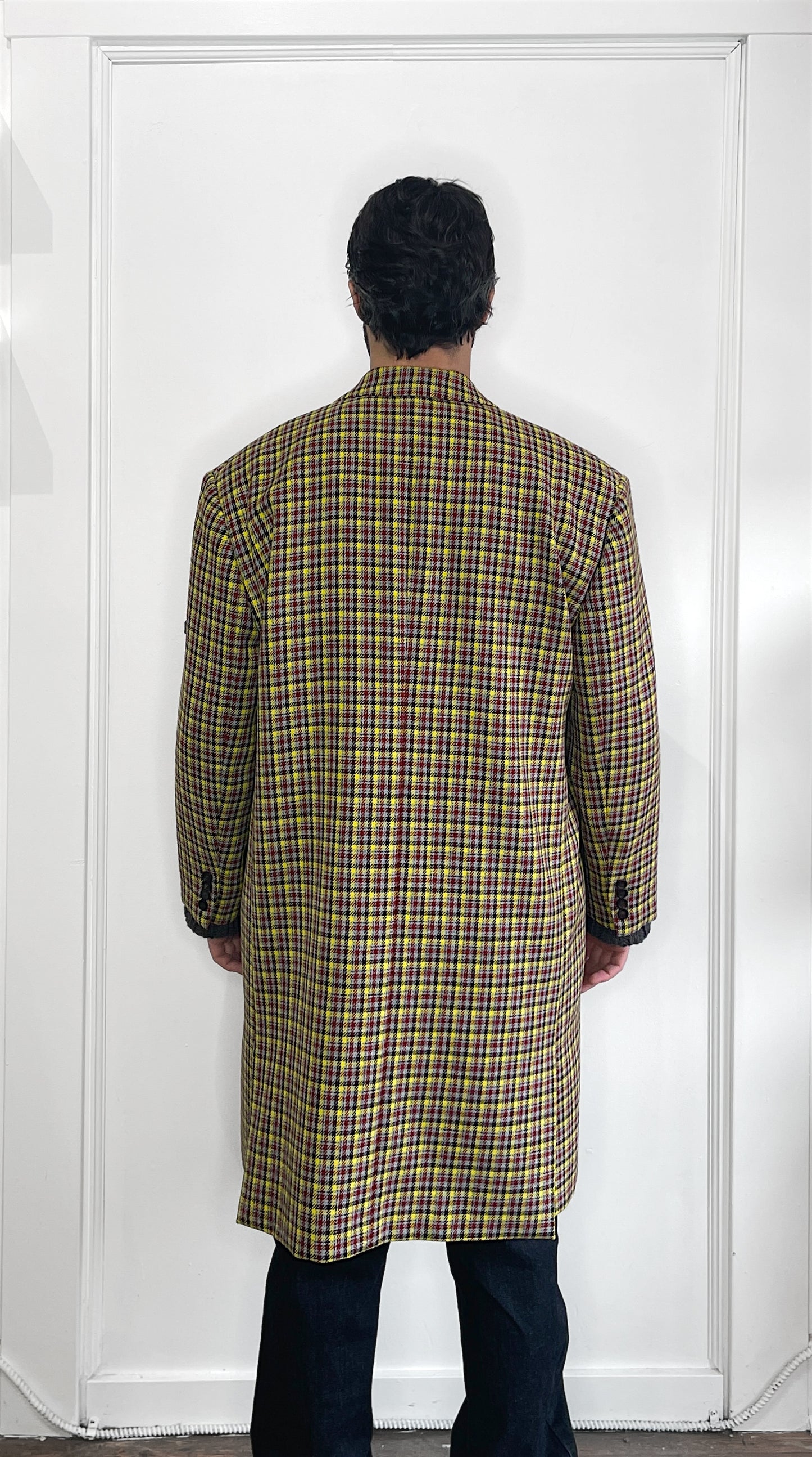 Balenciaga Yellow, Red, & Grey Plaid Wool DB Oversized Overcoat 40