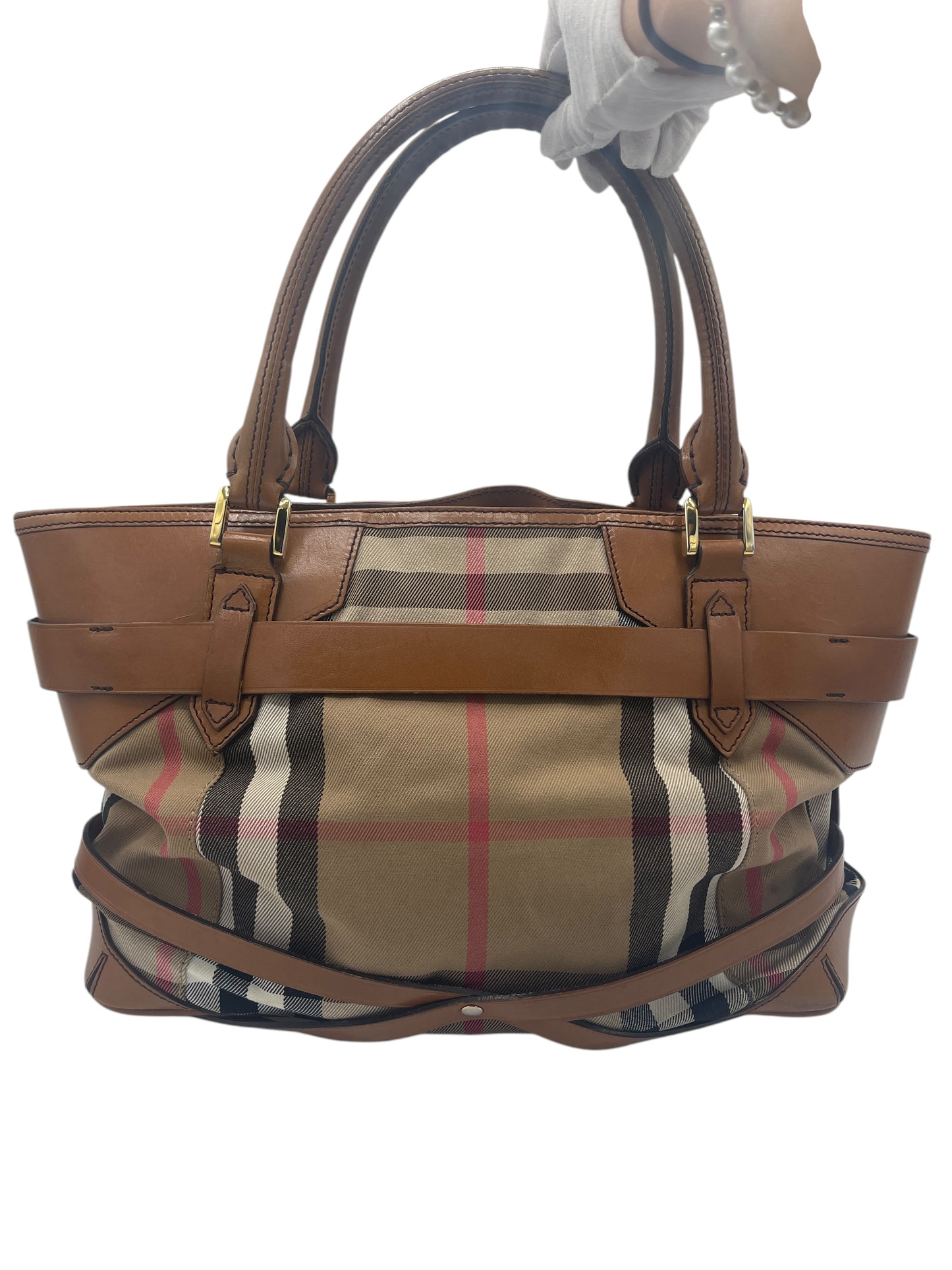 Burberry Brown, White, Red Canvas & Leather House Check Bag