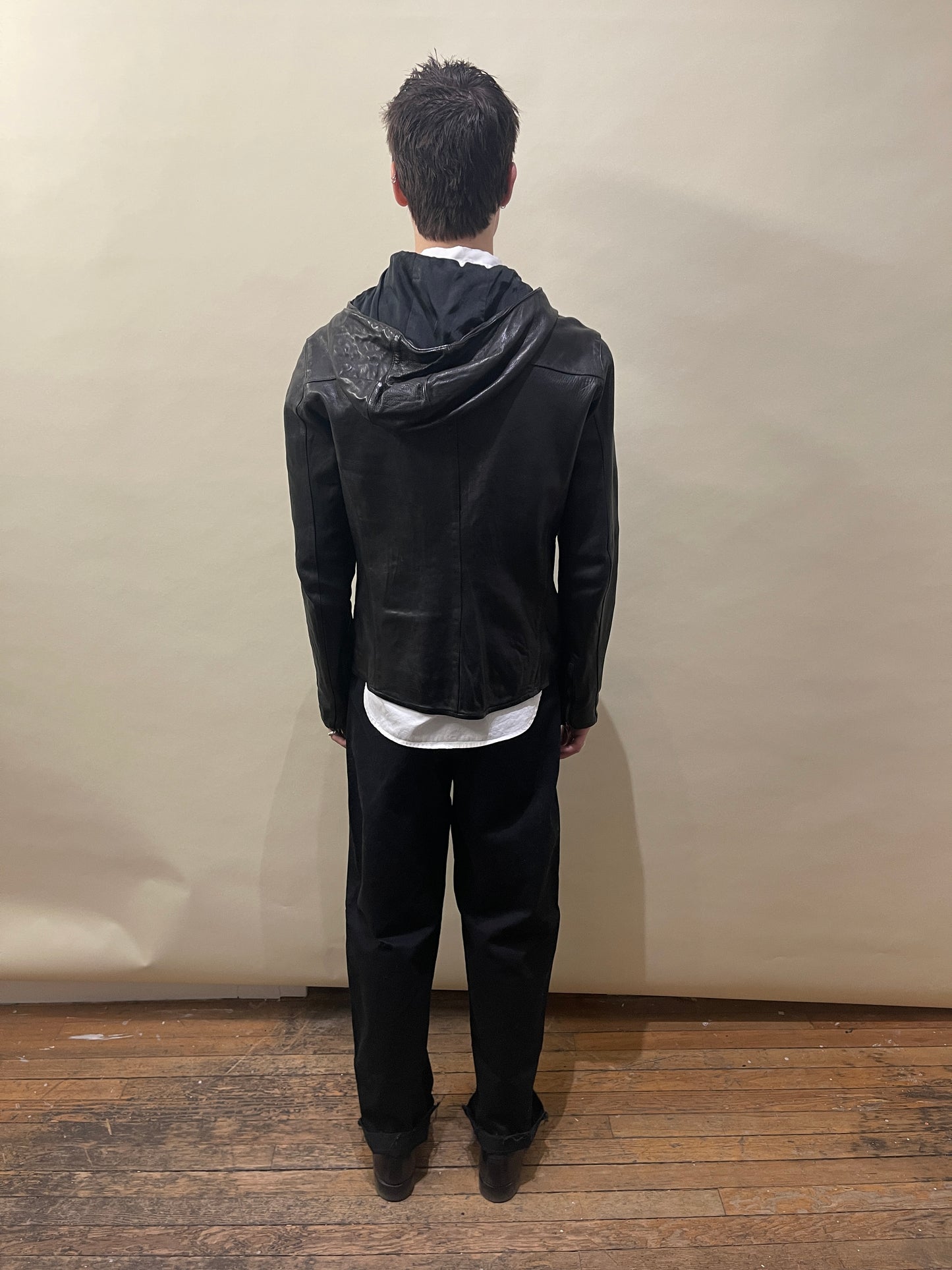 Isamu Katayama Backlash Black Leather Asymmetric Zip Hooded Jacket Medium - M