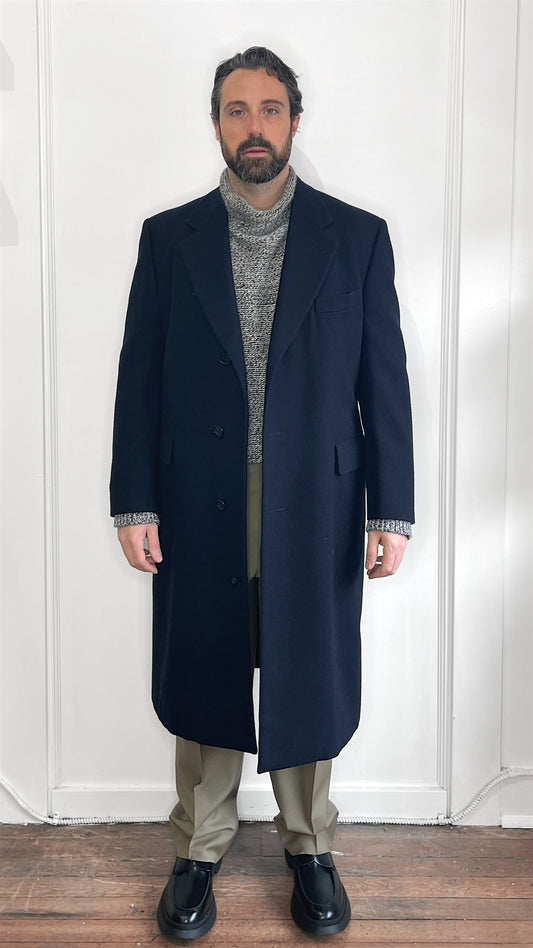 Samuelsohn Navy Blue Tonal Herringbone Wool Overcoat 42S