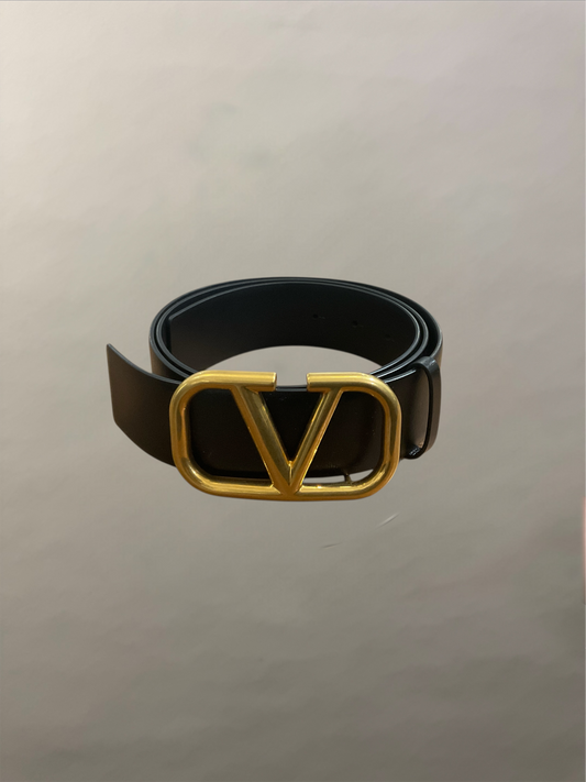 Valentino Black Leather Gold V Buckle Belt 40