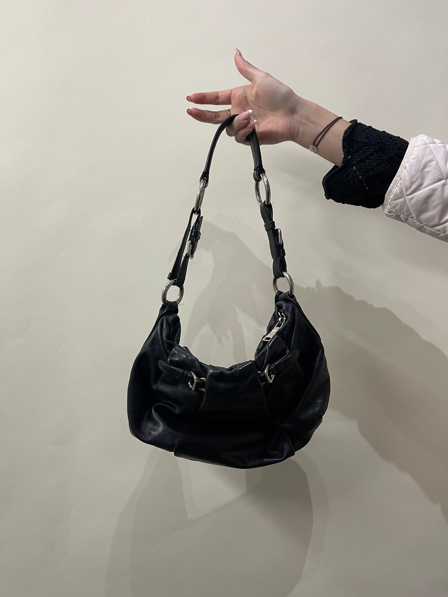 Prada Black Pleated Leather Hobo Bag