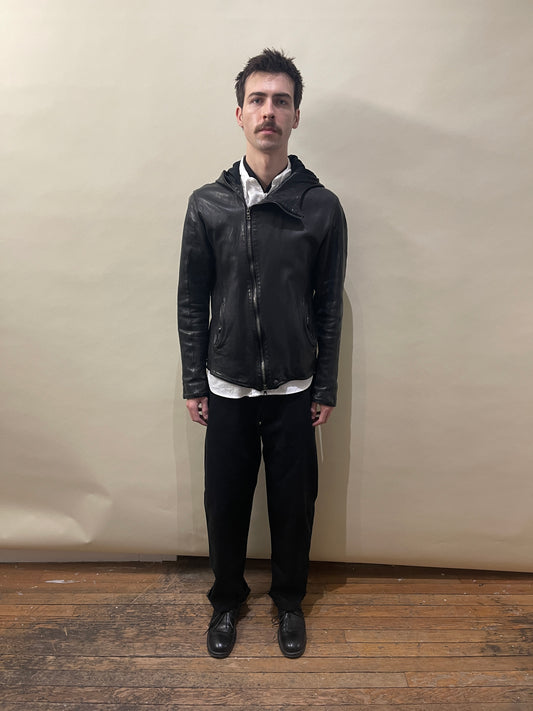 Isamu Katayama Backlash Black Leather Asymmetric Zip Hooded Jacket Medium - M