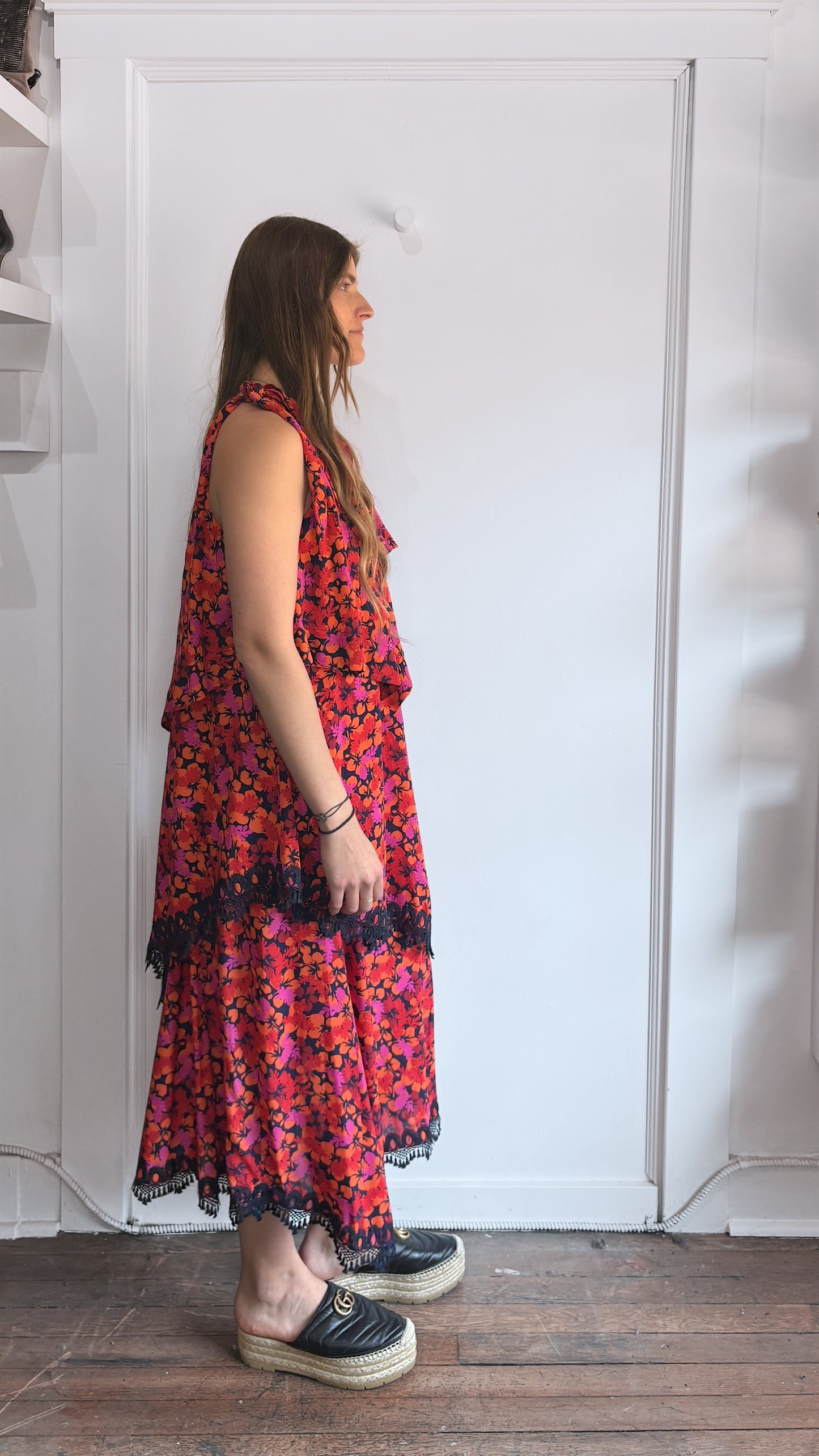 Derek Lam Orange, Red, & Pink Floral Single Shoulder Tiered Dress 6