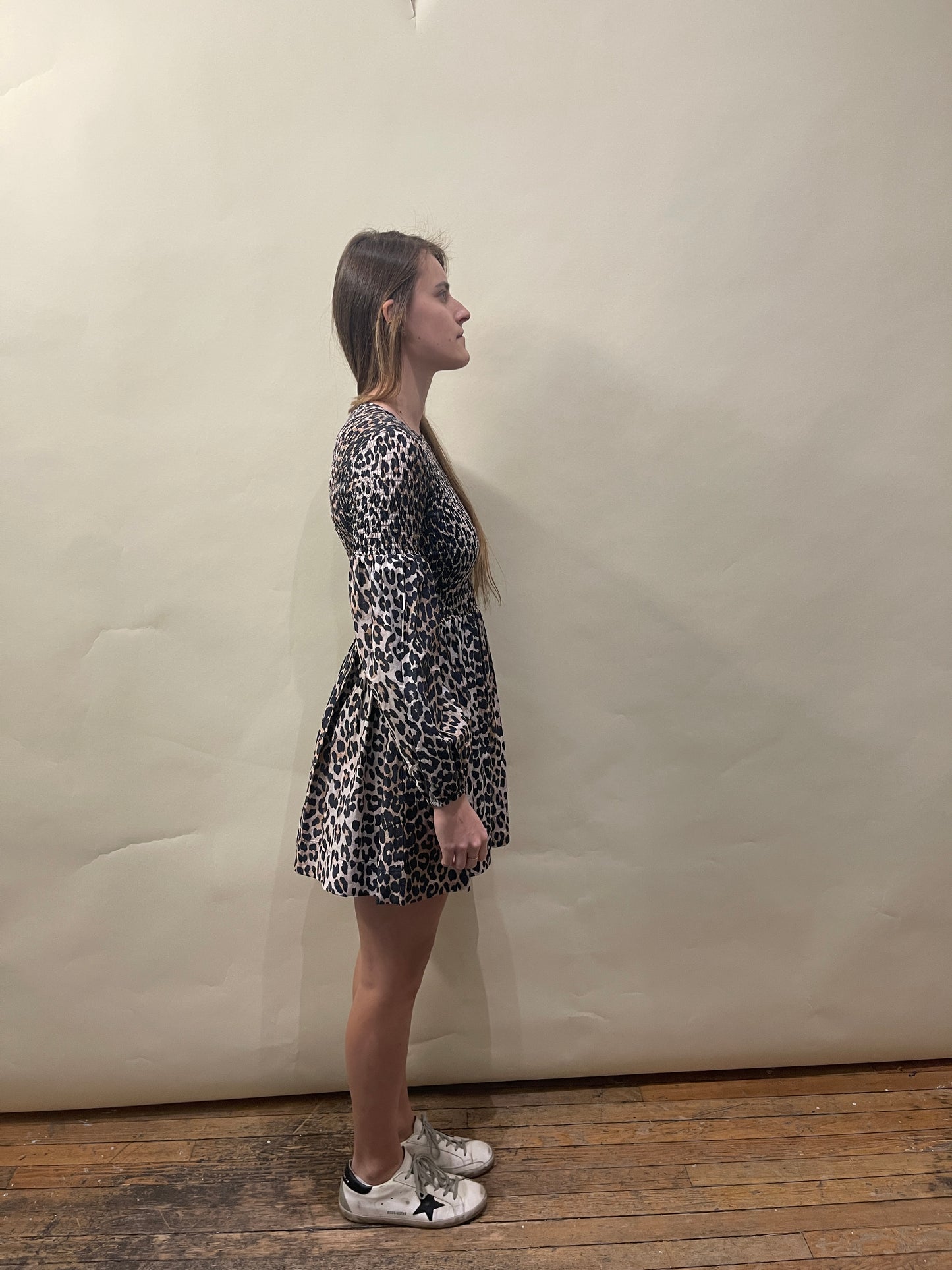 Ganni Leopard Print Cotton Silk Long Sleeve Midi Dress 34