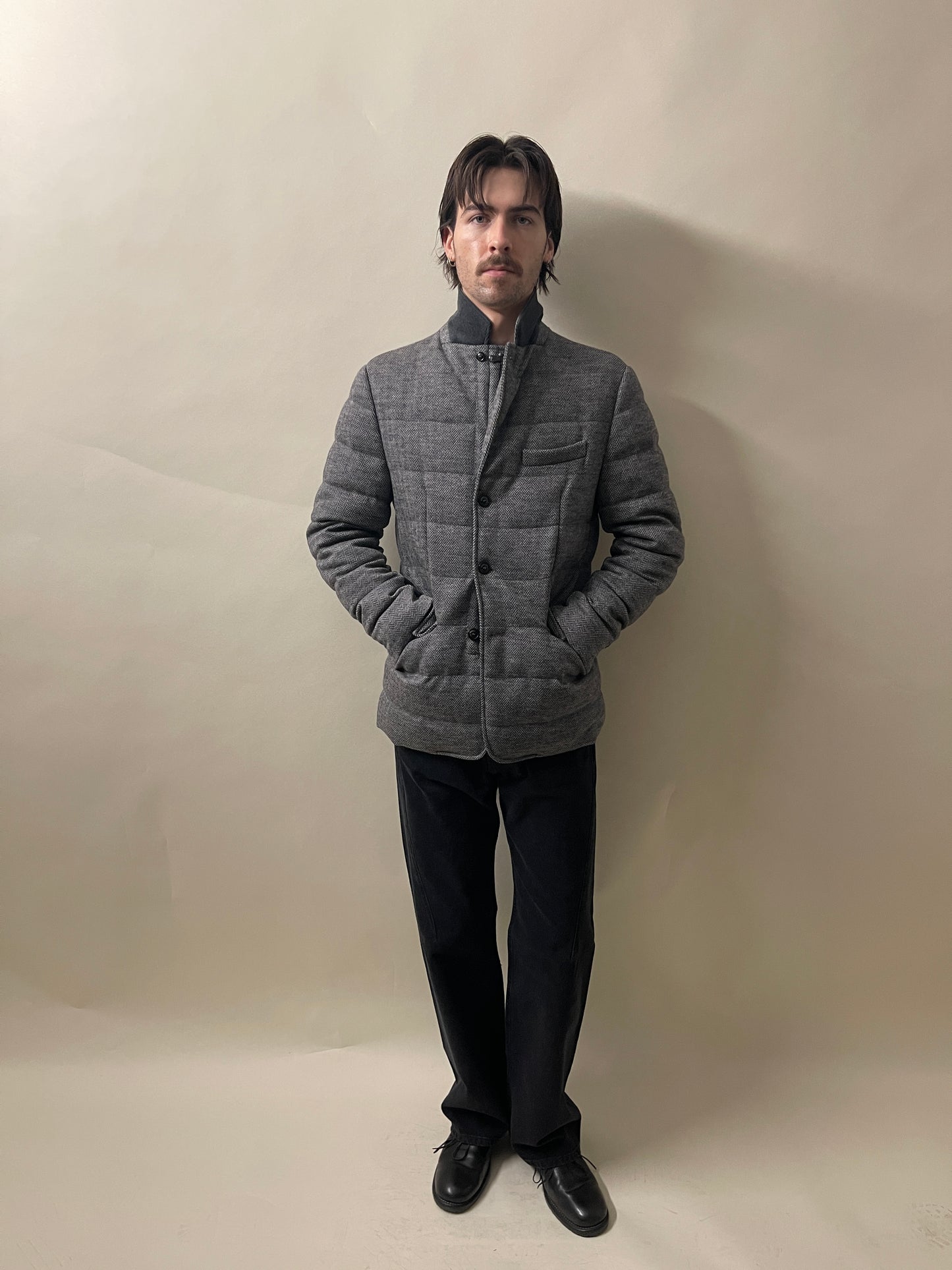 Moncler Grey Herringbone Wool Down Filled Rodin Jacket Medium - M