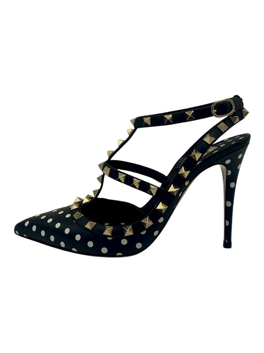 Valentino Black & White Polka Dot T Strap Rockstud Heels