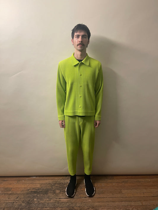 Homme Plissé Issey Miyake Lime Green Pleated Collared Jacket Large - L