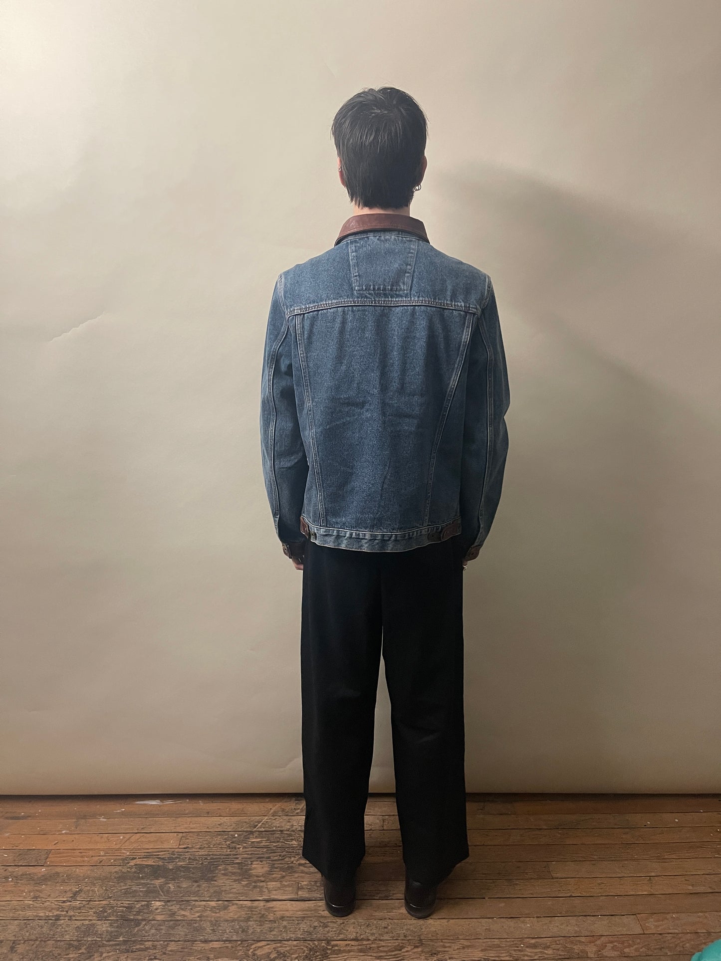 Mavericks of Scottsdale Mid Blue & Brown Denim & Leather Trucker Jacket Medium - M