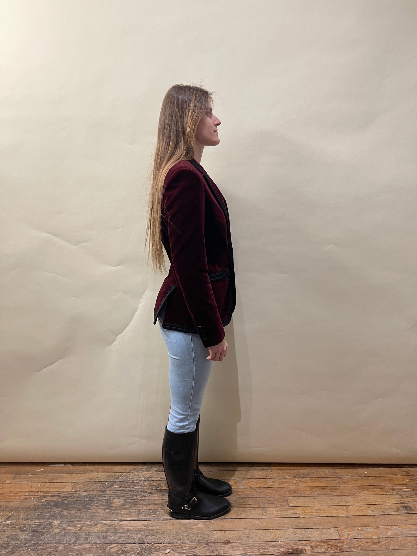 Saint Laurent Burgundy Velvet Embroidered Blazer 44