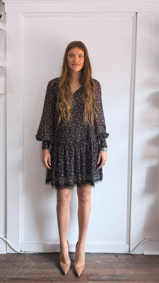See By Chloé Navy & Pink Floral Printed Chiffon Dress 36