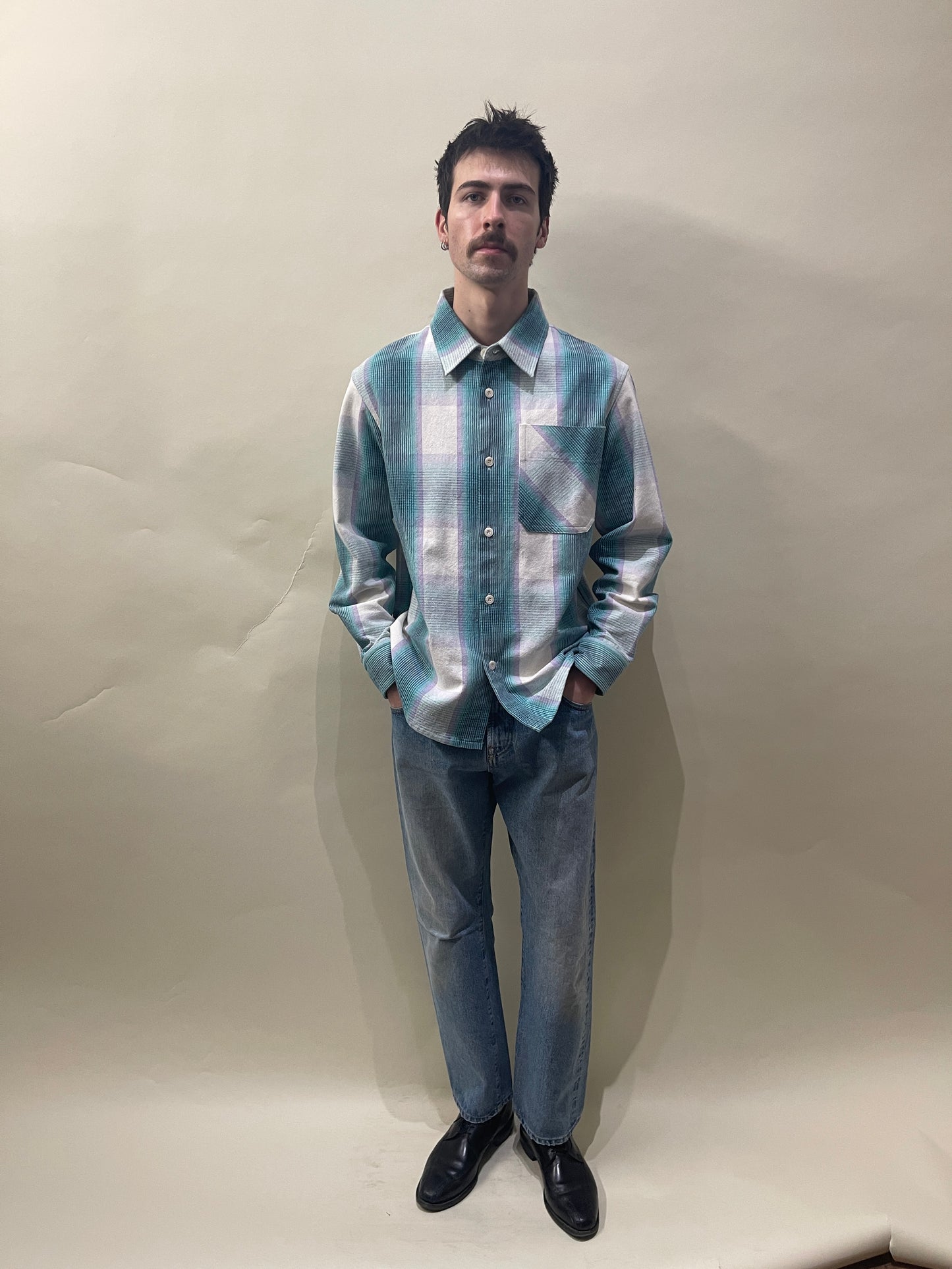 A.P.C. White, Lilac, Teal Plaid Cotton Blend Basile Overshirt Medium - M