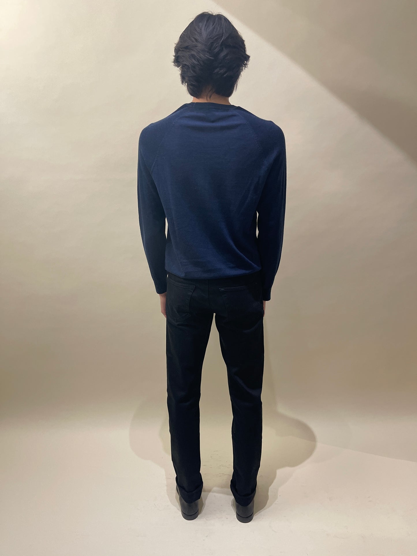 Patrick Assaraf Navy Blue Ribbed Sleeve Merino Wool Crewneck Sweater Medium - M