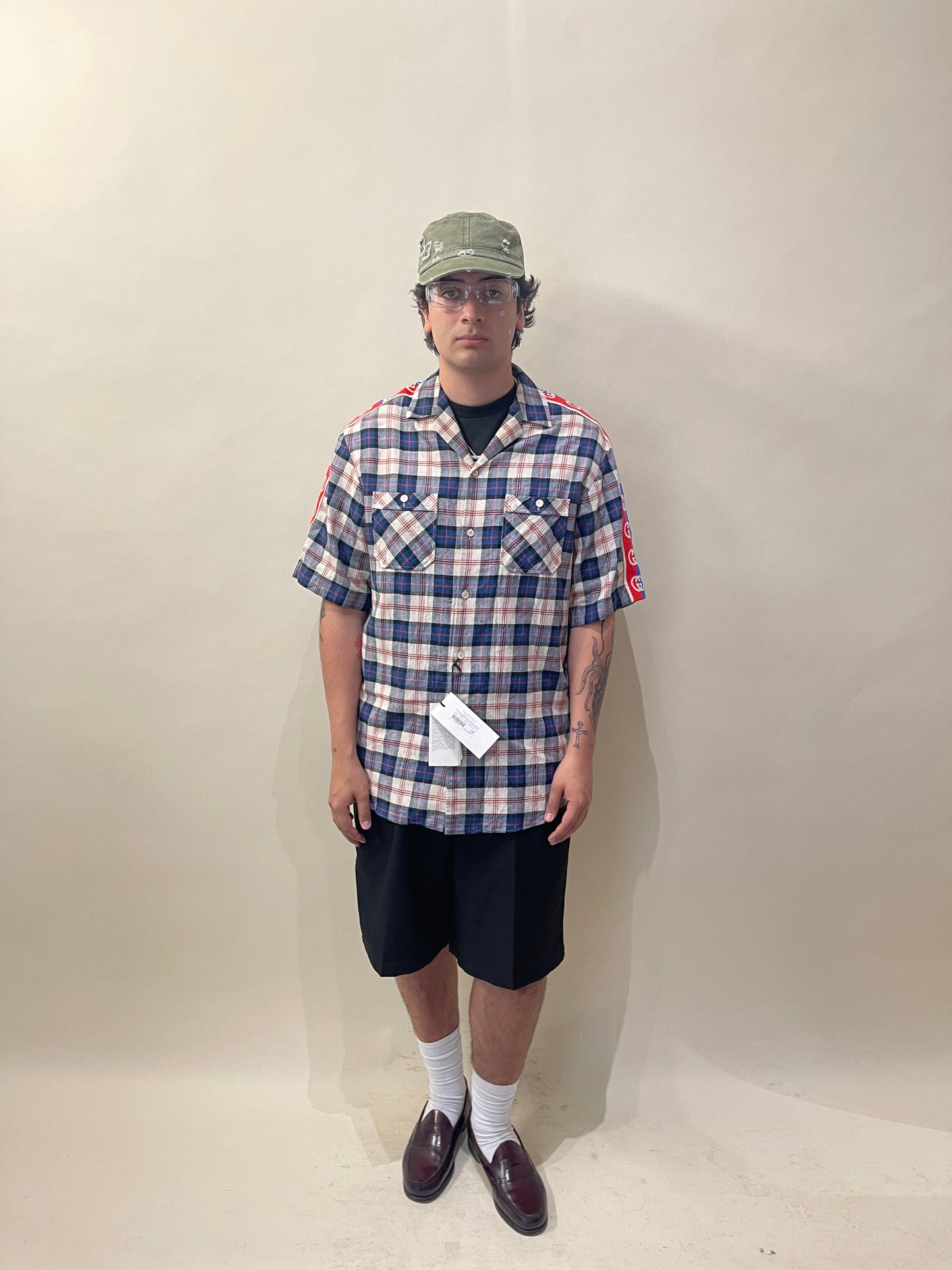 Gucci Blue, Red, & Cream Plaid SS Striped Shoulder Flannel 48