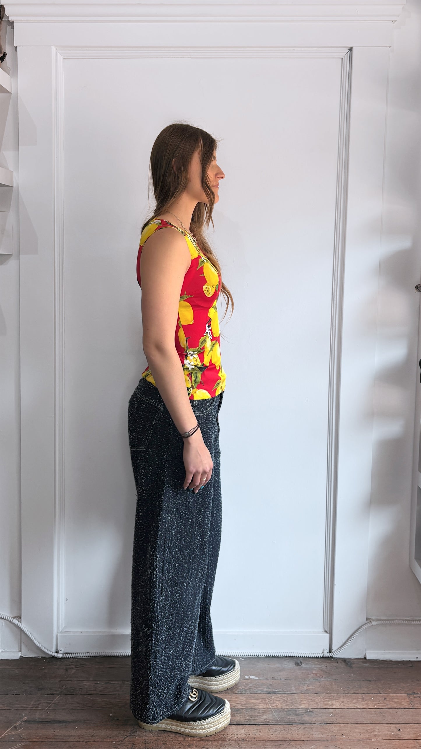 Dolce & Gabbana Red & Yellow Lemon Motif Silk Blend Tank Top Medium