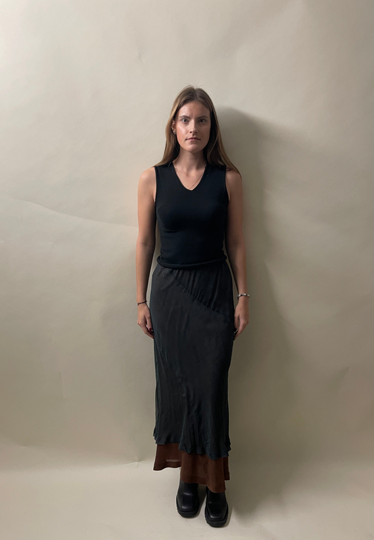 Comme Des Garcons Dark Grey & Brown Layered Polyester Midi Skirt Medium - M