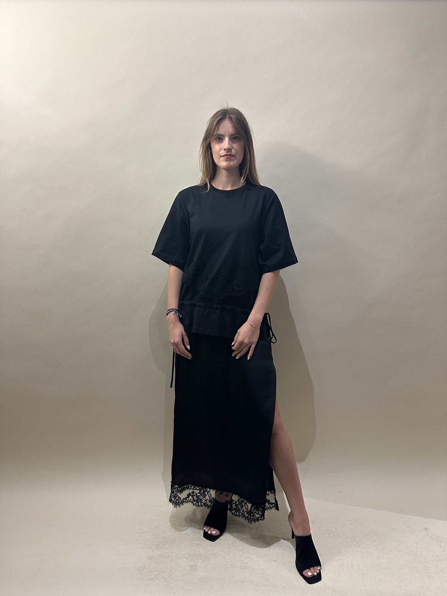 MSGM Black Cotton, Lace, & Satin Layered T-Shirt Dress Large - L