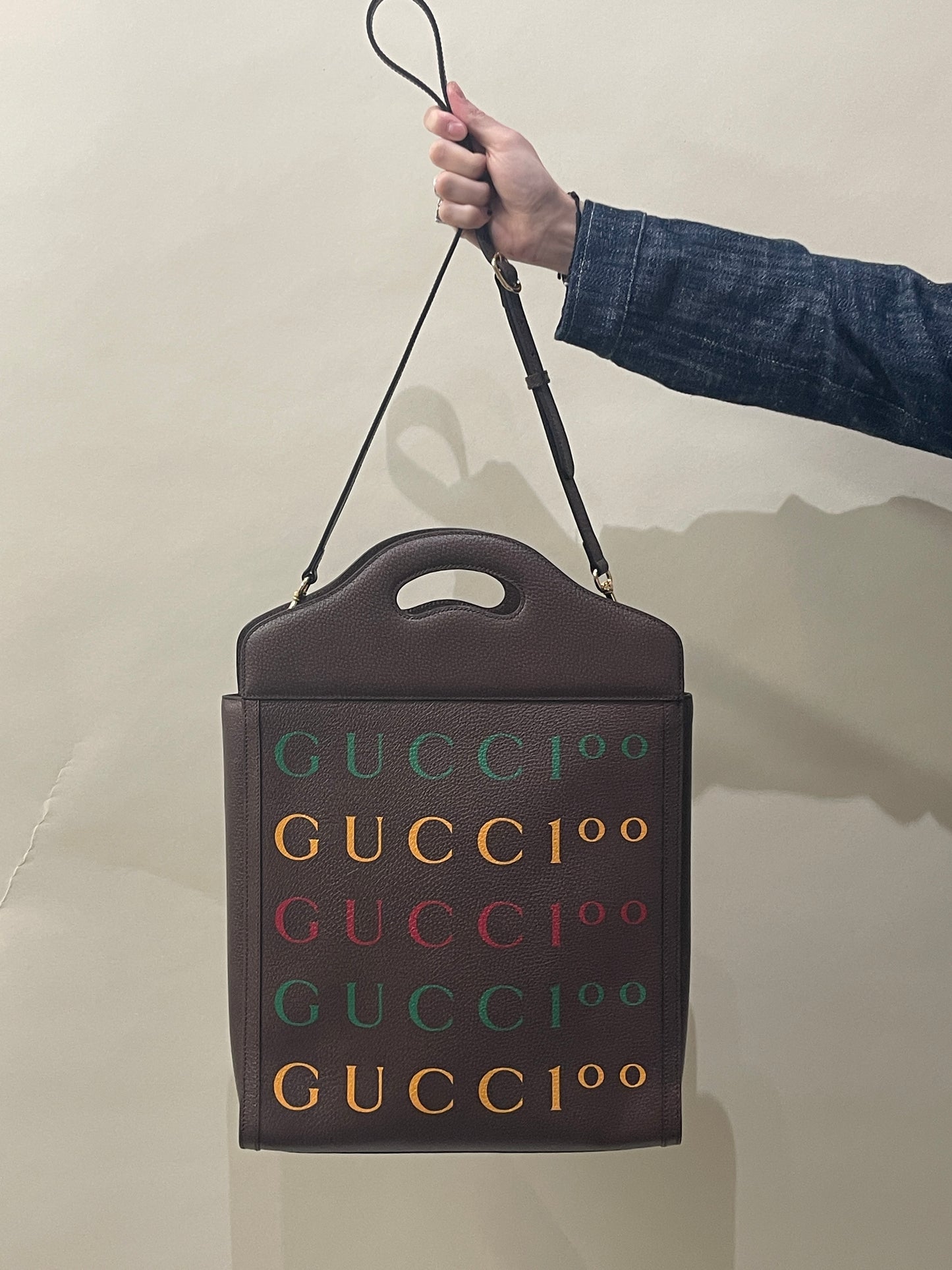 Gucci Brown Grained Leather Aria 100th Anniversary Tote