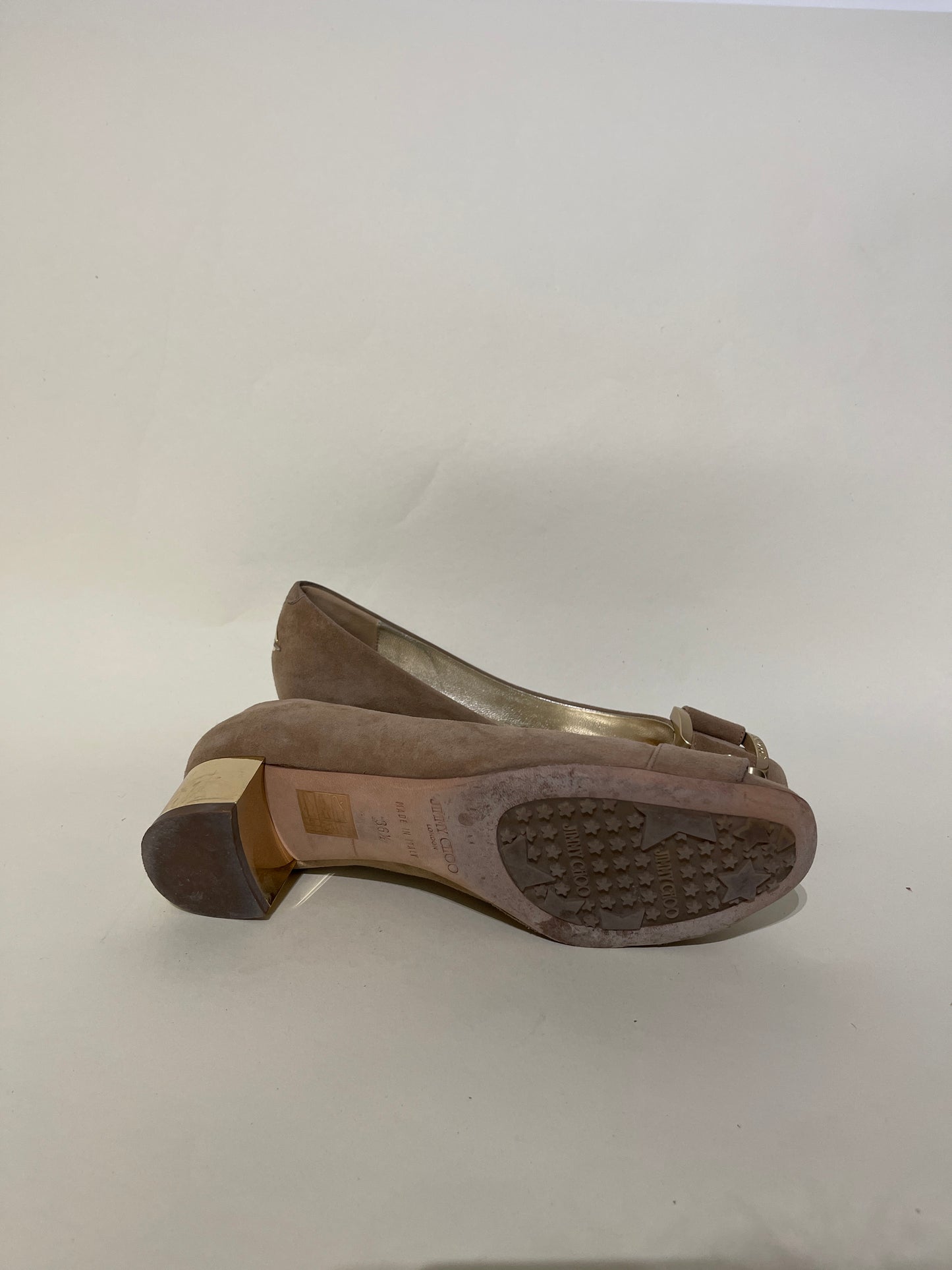 Jimmy Choo Beige Suede Buckle Front Block Heel Pumps 5 M / 6.5 W