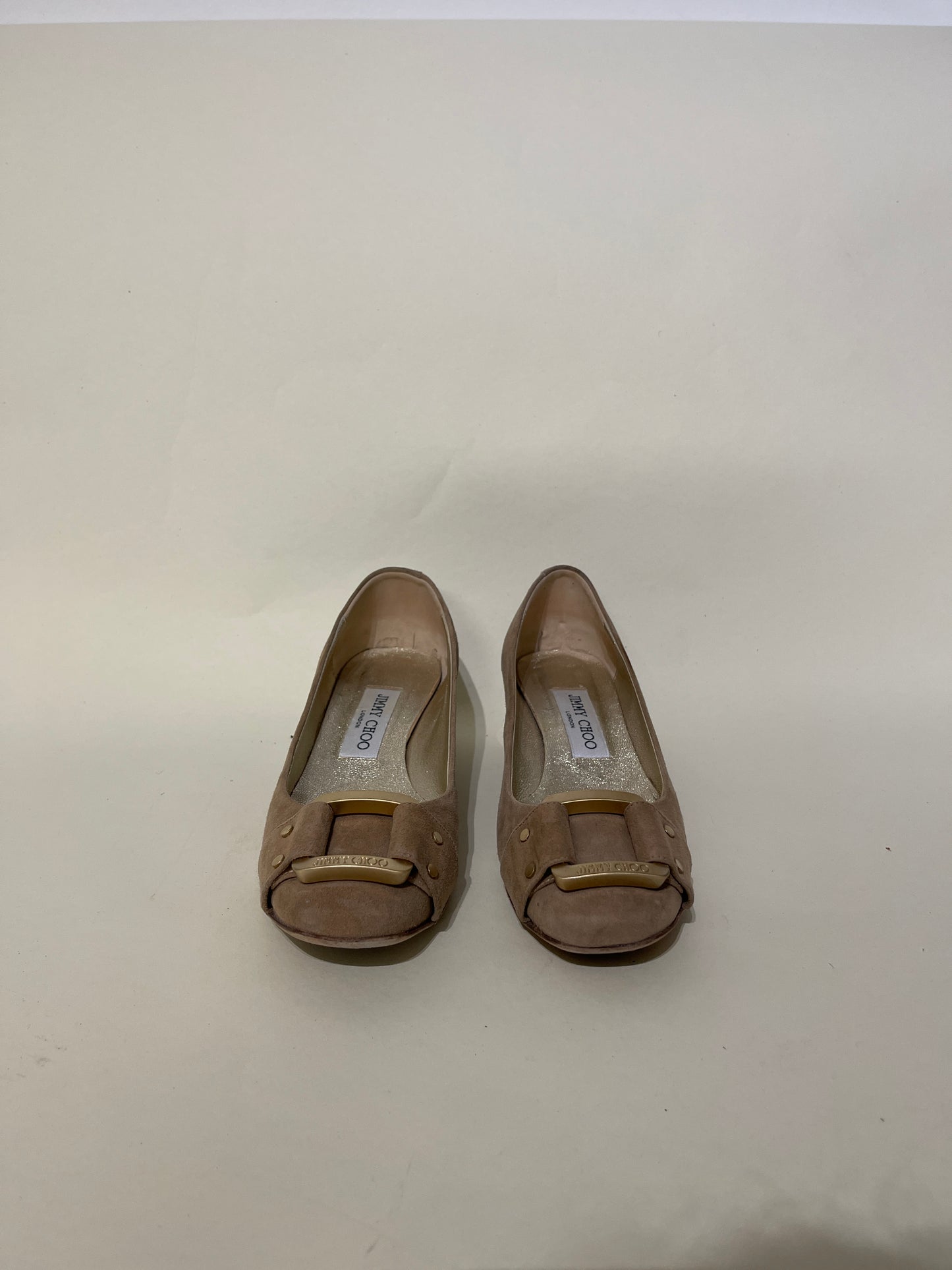 Jimmy Choo Beige Suede Buckle Front Block Heel Pumps 5 M / 6.5 W