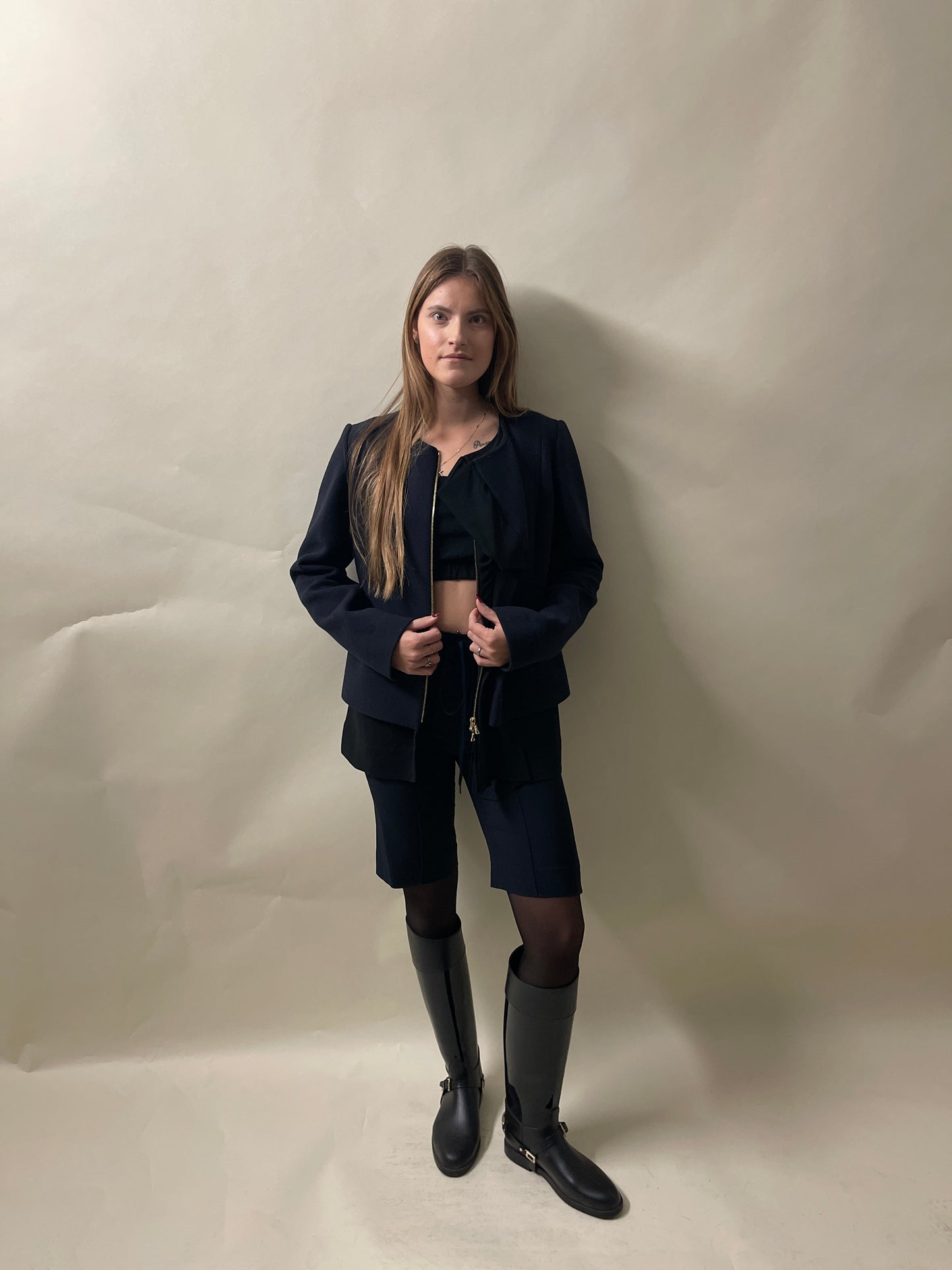 Marni Navy Blue Wool Blend Layered Collarless Jacket 44