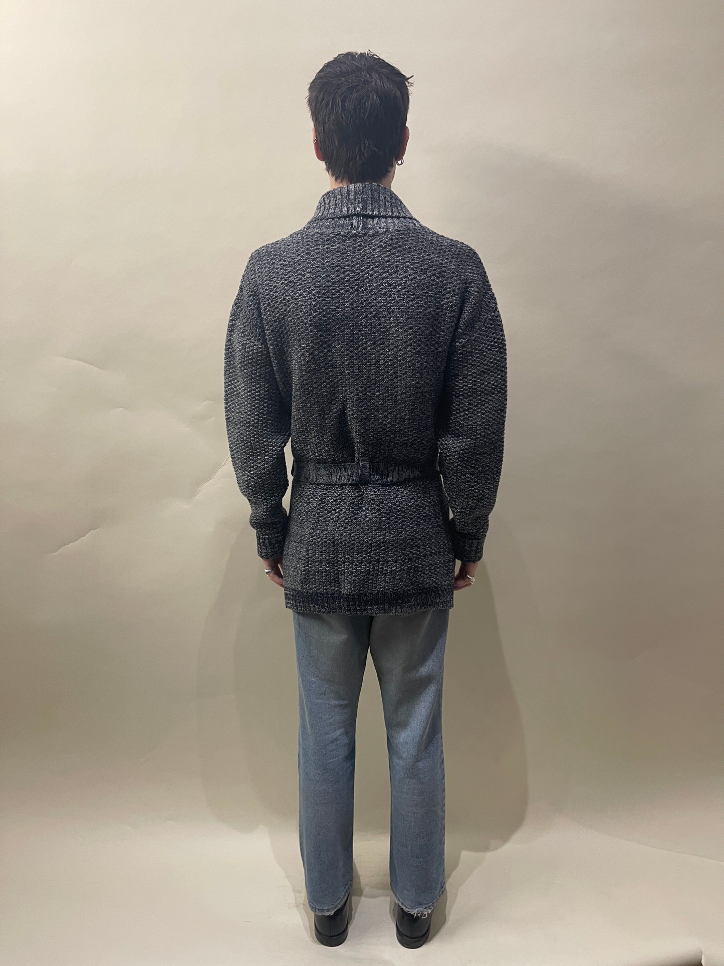 Bleu De Paname Blue & White Melange Wool Belted Cardigan Large - L