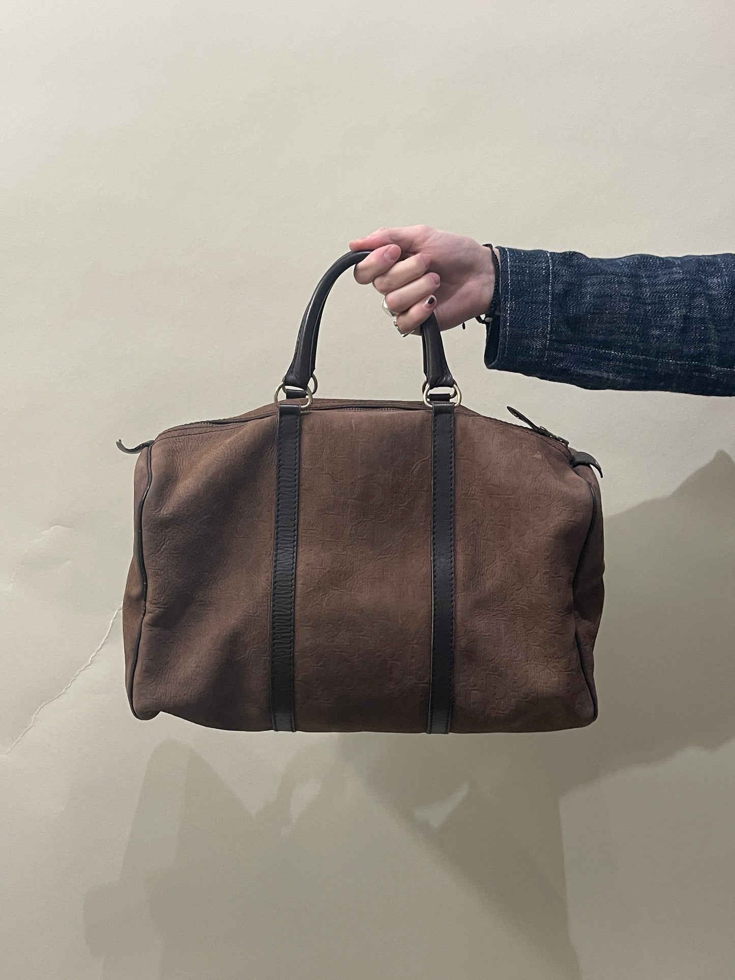 Christian Dior Brown Suede Embossed Monogram Trotter Boston Bag