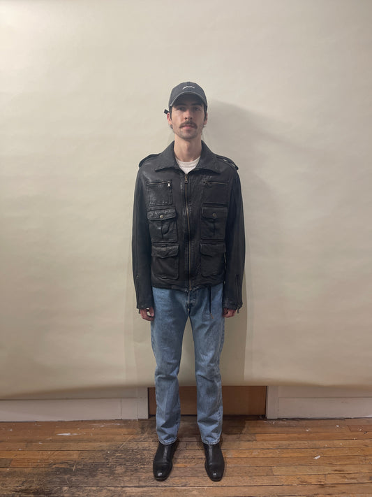 Dolce & Gabbana Faded Black & Brown Lamb Leather Multi Pocket Jacket 46