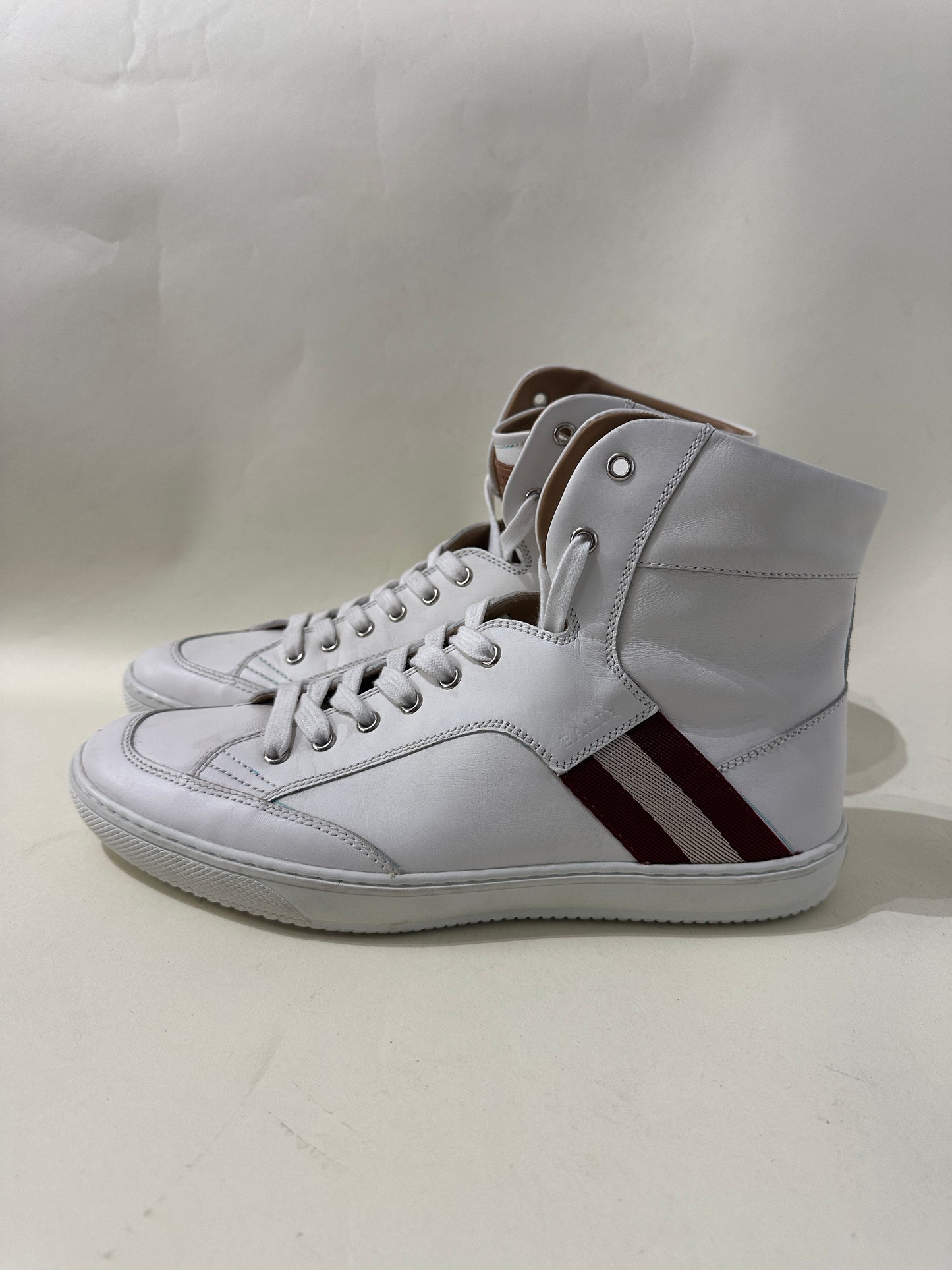 Bally White Leather Canvas Stripe High Top Sneakers 9 M / 10.5 W