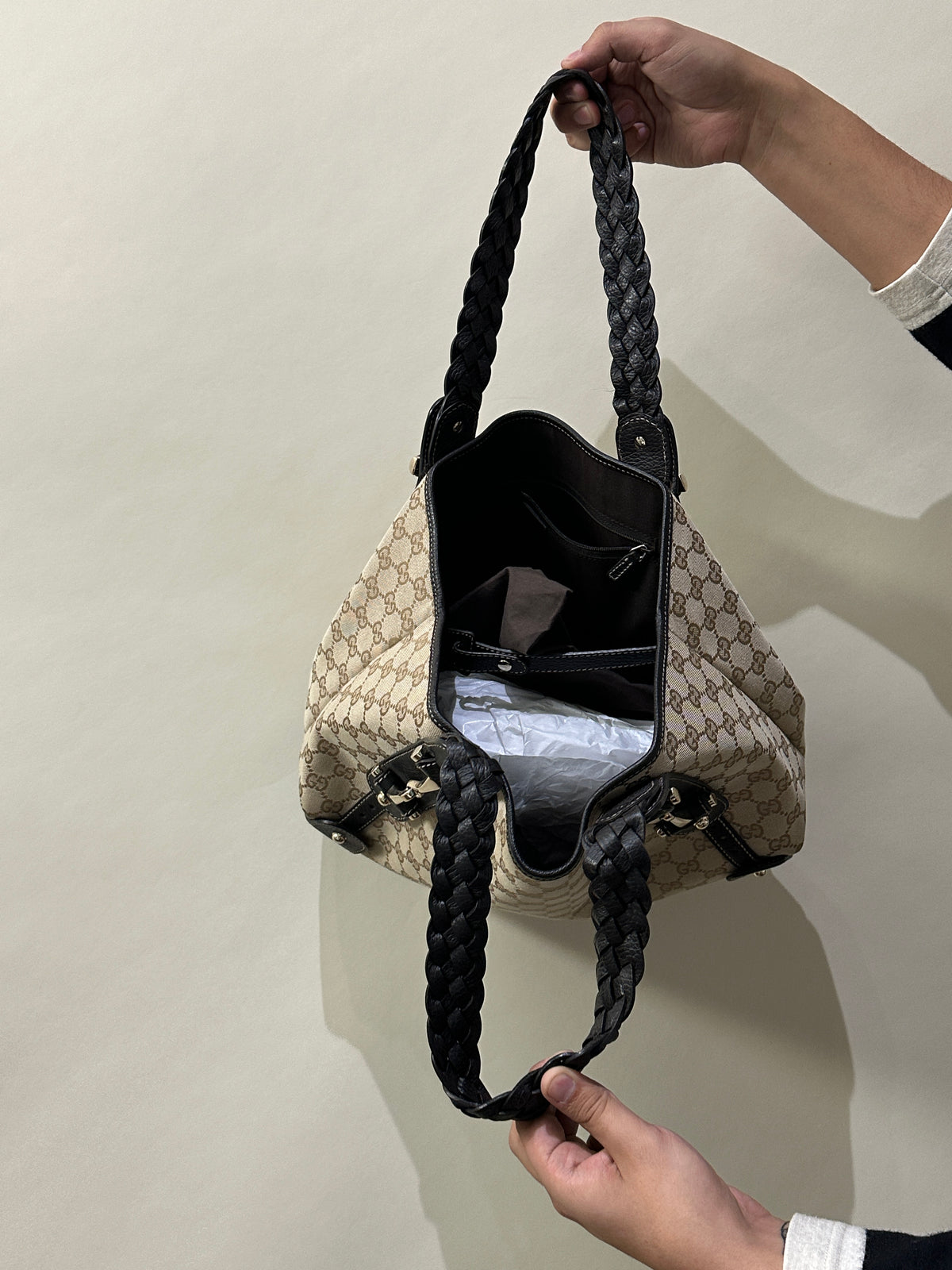 Gucci Dark Brown Leather & Canvas Monogram Pelham Bag