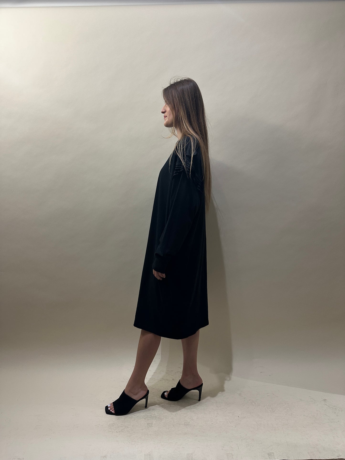 MM6 Black Cotton Satin Ruched LS T-Shirt Dress Large - L