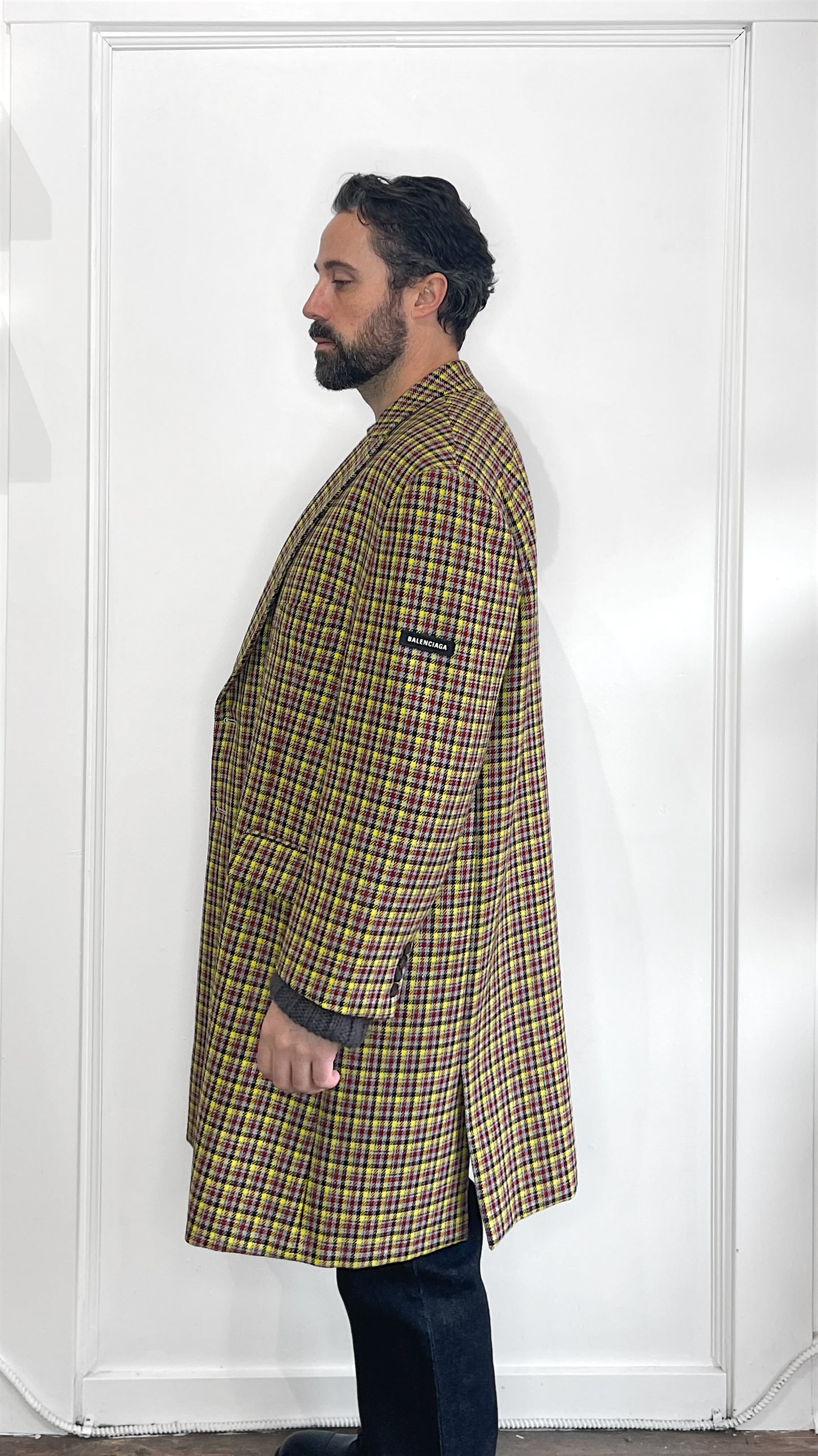 Balenciaga Yellow, Red, & Grey Plaid Wool DB Oversized Overcoat 40