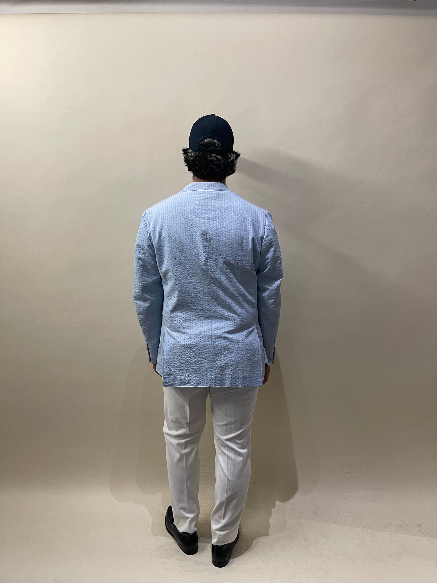 Isaia Light Blue & White Striped Seersucker Cotton Sport Coat 44