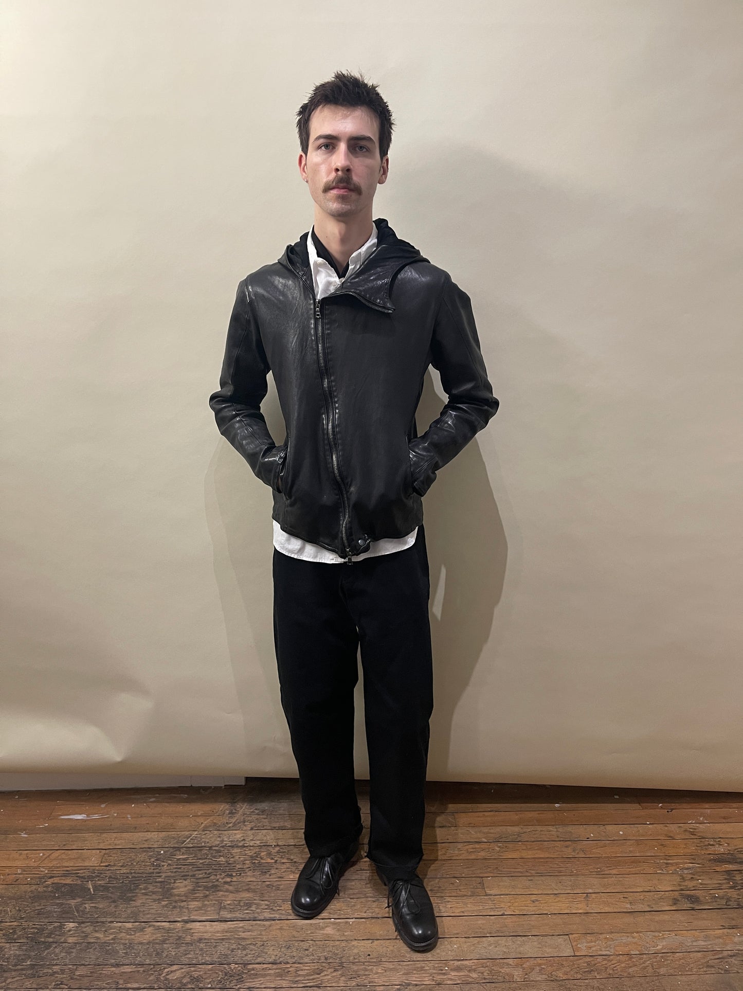Isamu Katayama Backlash Black Leather Asymmetric Zip Hooded Jacket Medium - M