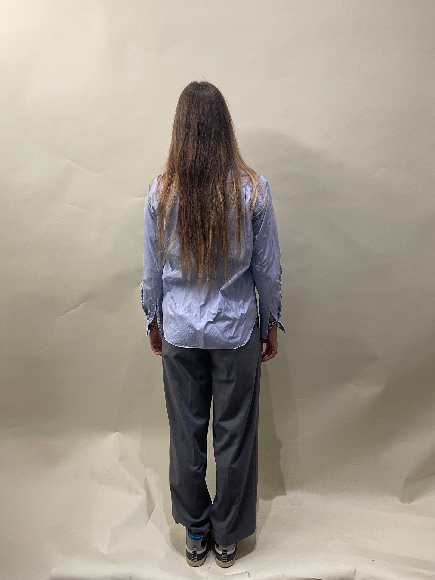 Comme Des Garcons Homme Plus Light Blue Cotton Ruffled Sleeve LS Button Up Extra Small - XS