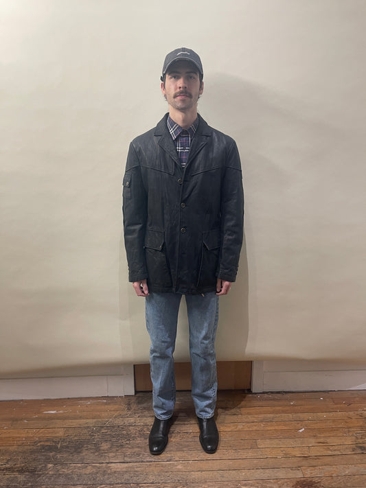 Belstaff Black Prince Black Leather Blazer Style Overcoat Large - L