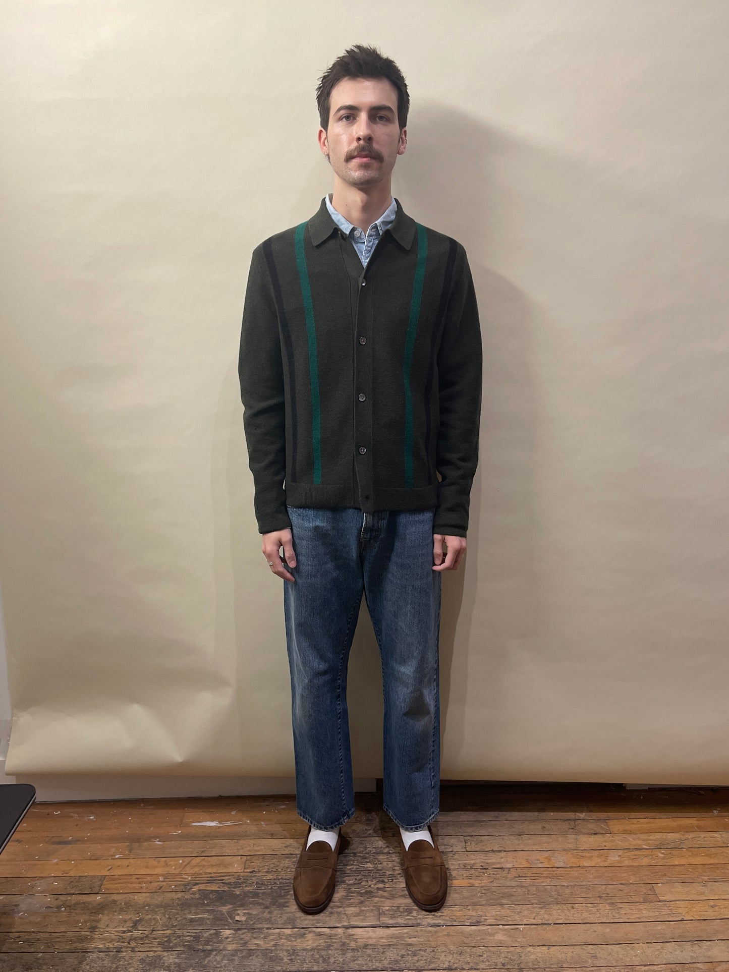 Todd Snyder Dark Green & Light Green Striped Merino Wool Collared Cardigan Small - S