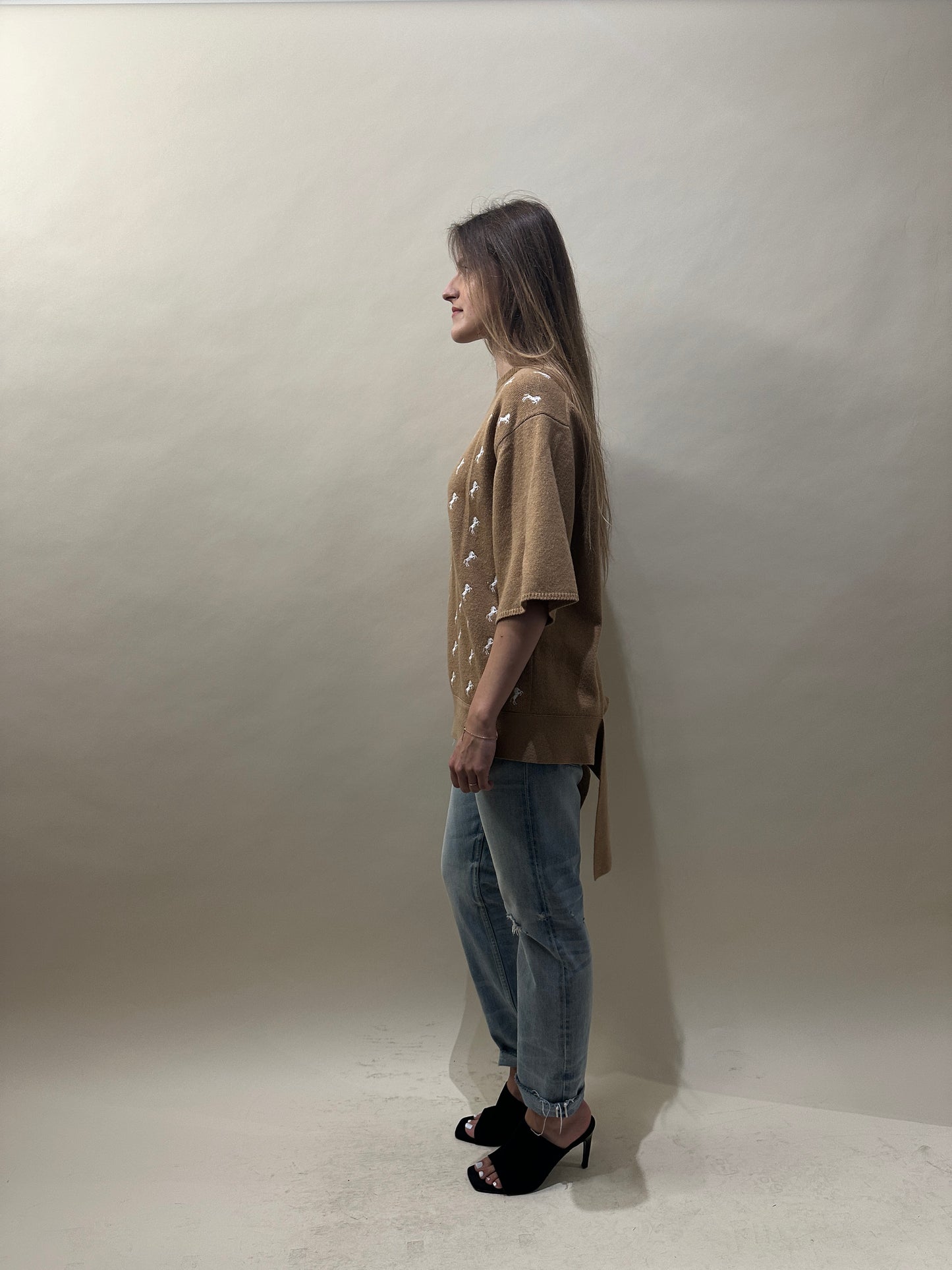 Chloé Camel Wool Blend Horse Knit SS Sweater Extra Small - XS
