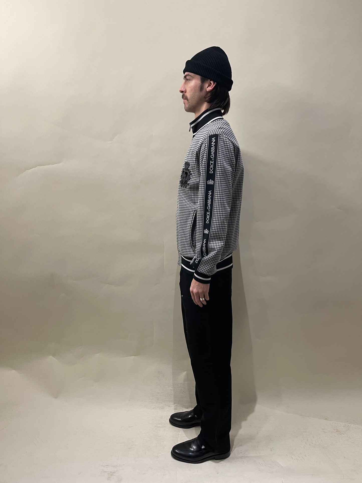 Dolce & Gabbana Black & White Houndstooth Cotton Blend Track Jacket 48