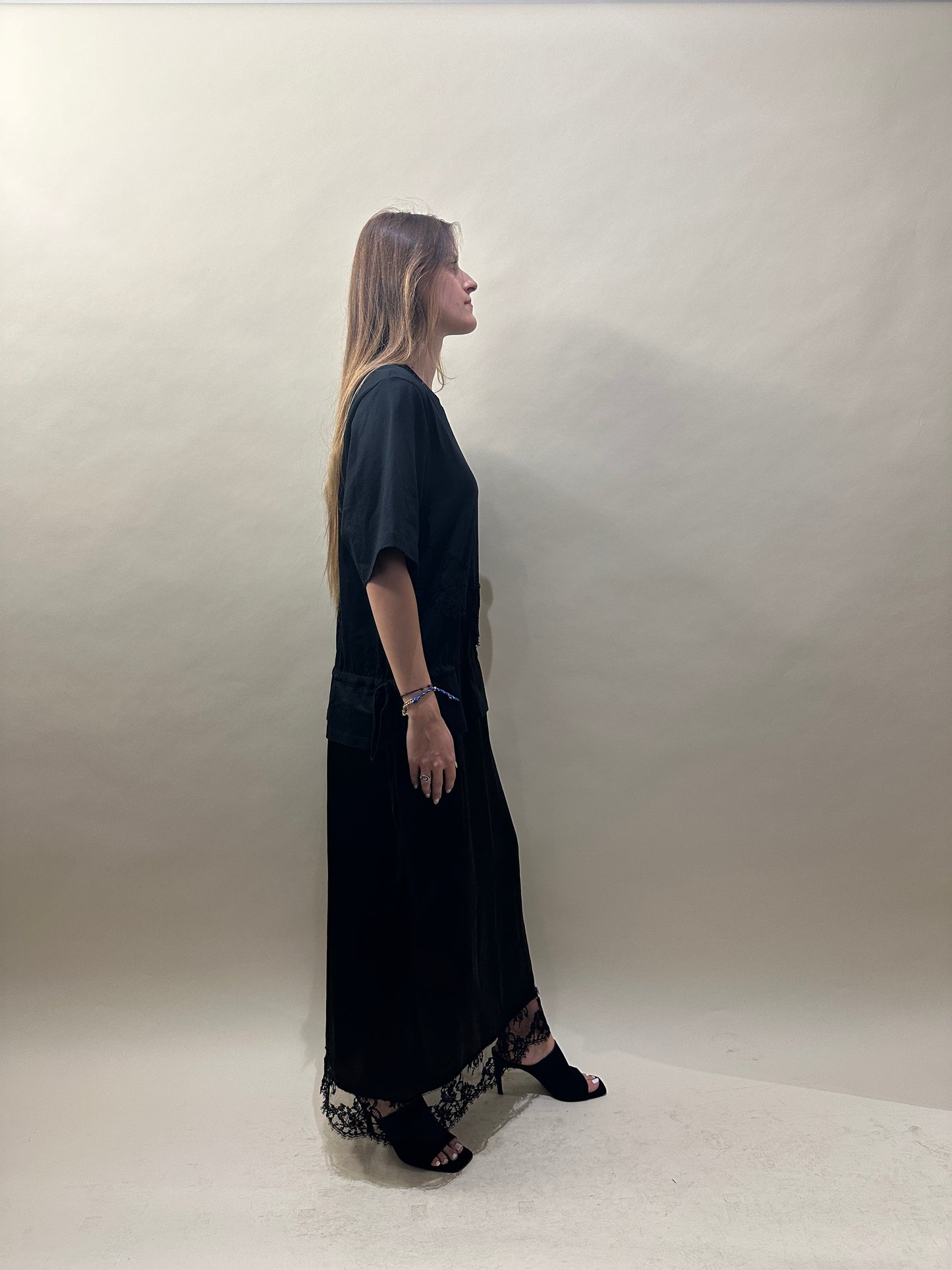 MSGM Black Cotton, Lace, & Satin Layered T-Shirt Dress Large - L