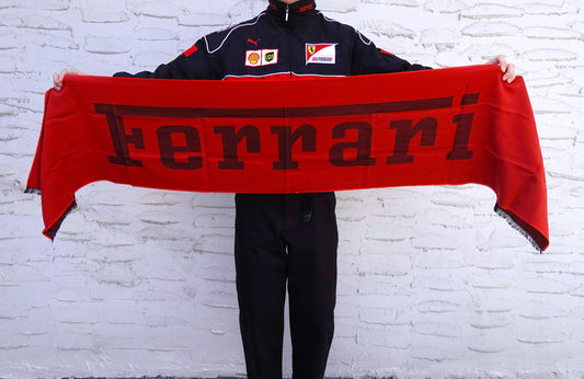 Ferrari Red Spellout Logo Wool Silk Scarf - Genuine Design Luxury Consignment. New & Pre-Owned Clothing, Shoes, & Accessories. Calgary, Canada