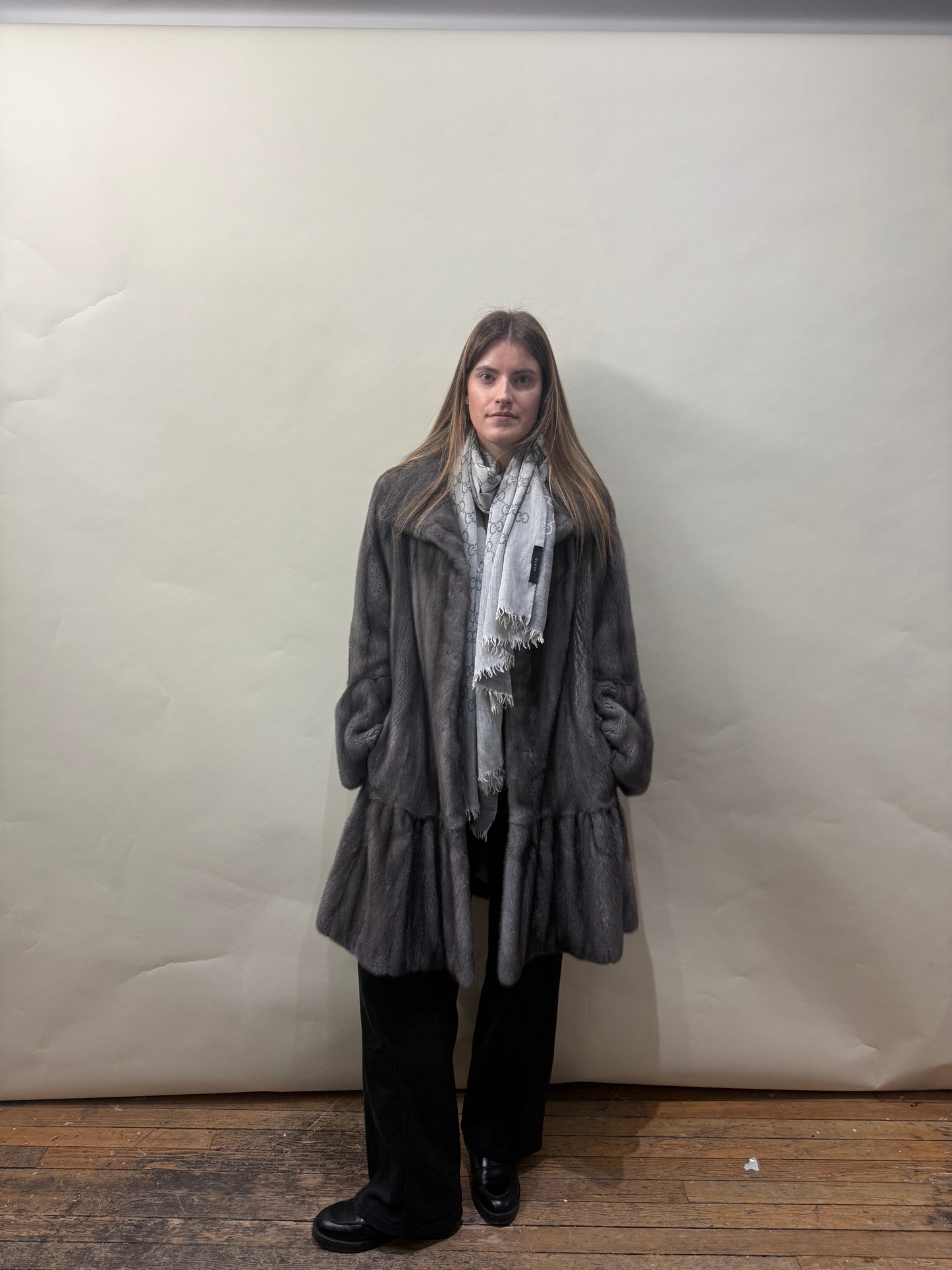 Bisang Couture Silver Mink Fur Ruched Coat Medium - M